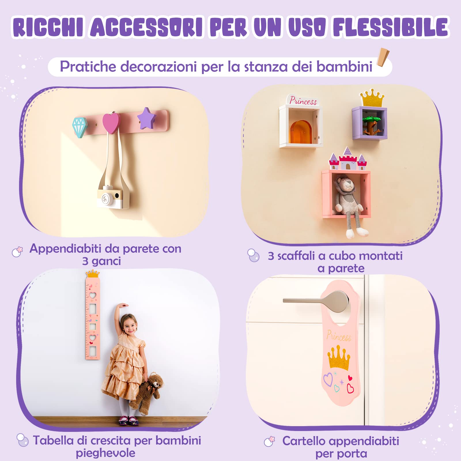 COSTWAY 2 in 1 Toeletta Trucco per Bambina 3+ Anni, Postazione Trucco per Ragazza in Legno con Sgabello e Cassetto e Accessori, 74 x 39 x 101 cm, Rosa