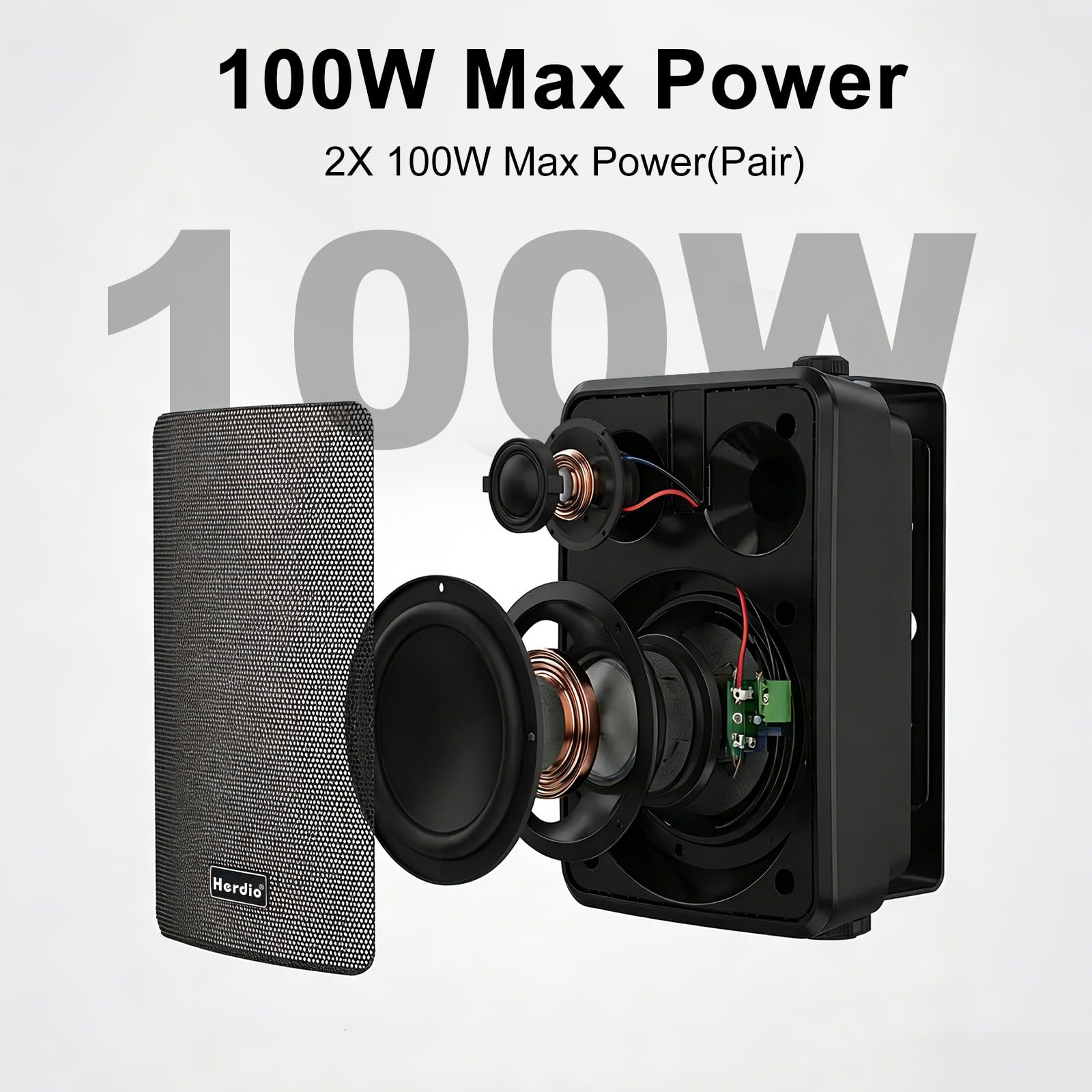 Herdio 4" 200W Max Power Wall Mount Outdoor Bluetooth Speakers, Be Waterproof and Able to Wireless Multi-Connection Up to 20 Units for Patio/Porch/Balcony (Black, 2-Pack)