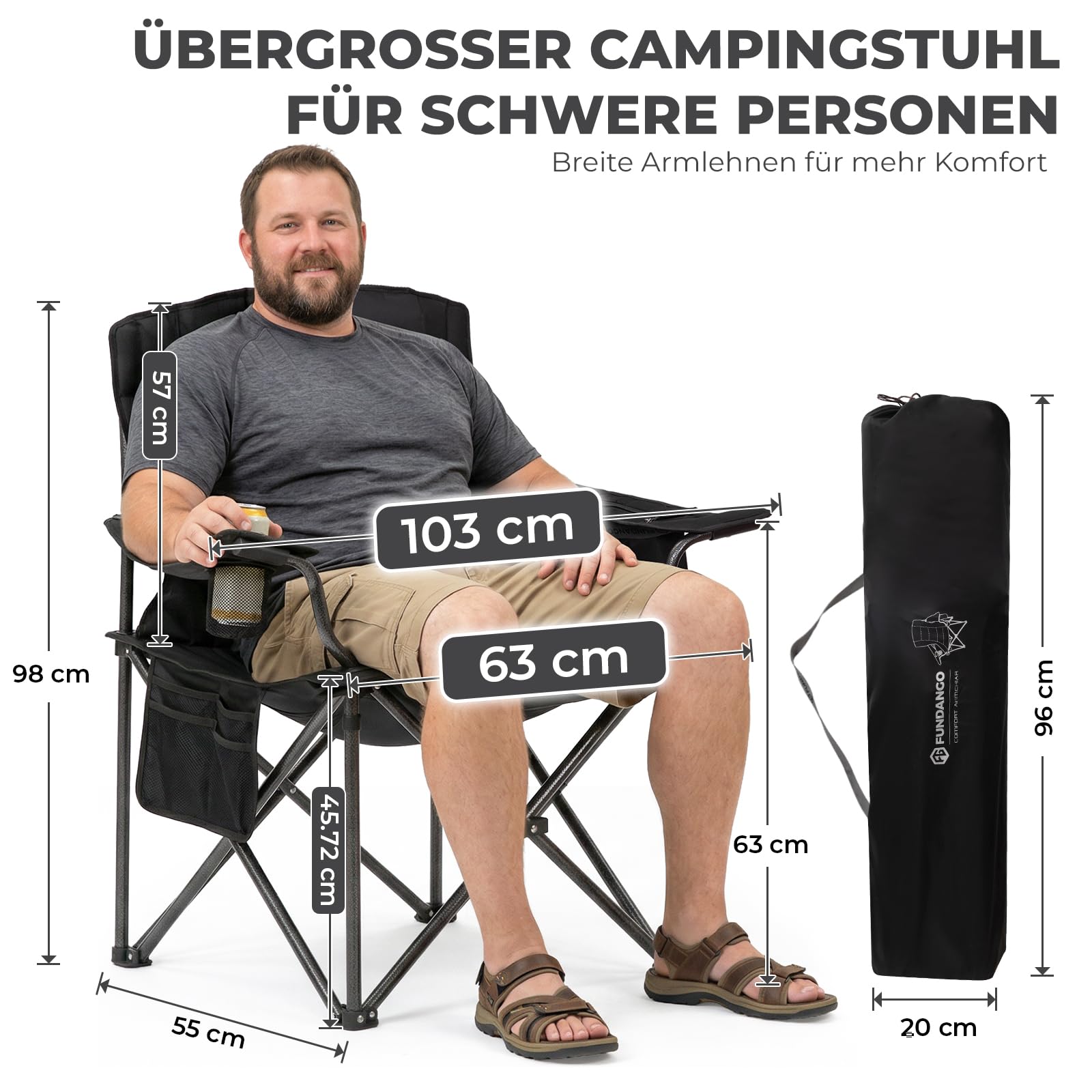 FUNDANGO Campingstuhl Faltbar 250KG Übergroßer Camping Stuhl Gepolster mit Verstellbarer Rückenlehne, Klappstuhl Camping mit Getränkehalter & Kühltasche XXL Angelstuhl Outdoor Stuhl, Schwarz/Grau