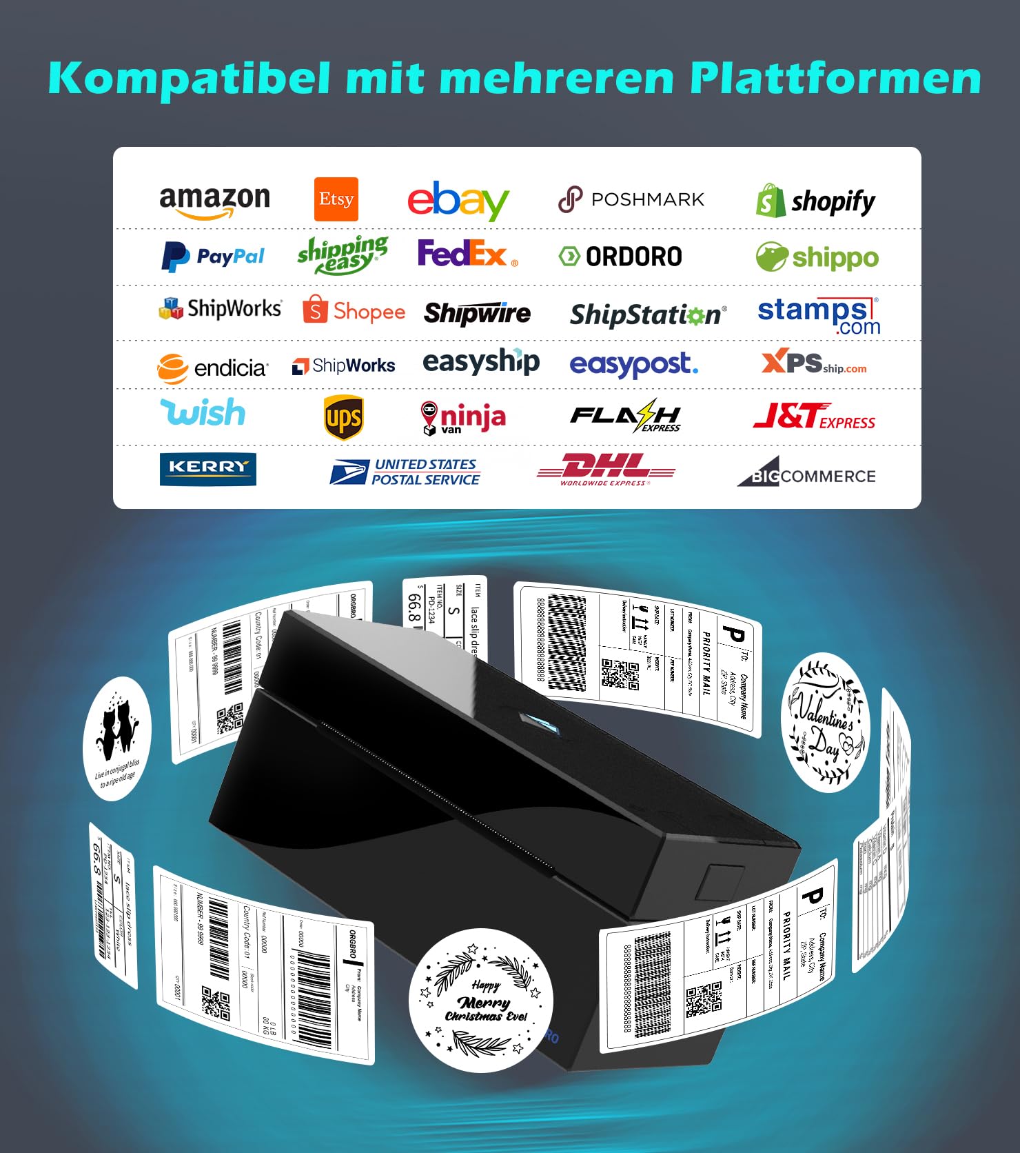 ORGBRO Bluetooth Etikettendrucker Z1 Plus DHL Thermodrucker Etikettiergerät 4x6 Versandetiketten Drucker Labeldrucker für Barcode, Adresse, Kompatibel mit Amazon, Etsy, Shopify, Schwarz