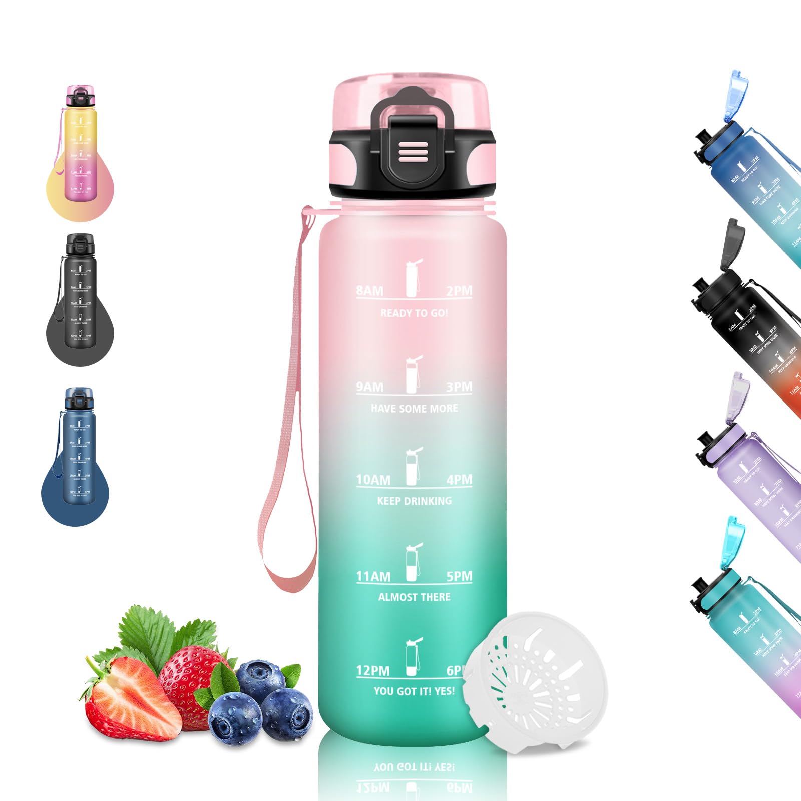 HydroPal Waterfles 1 liter, motiverende drinkfles met tijdmarkering, lekvrij, BPA-vrij, Tritan