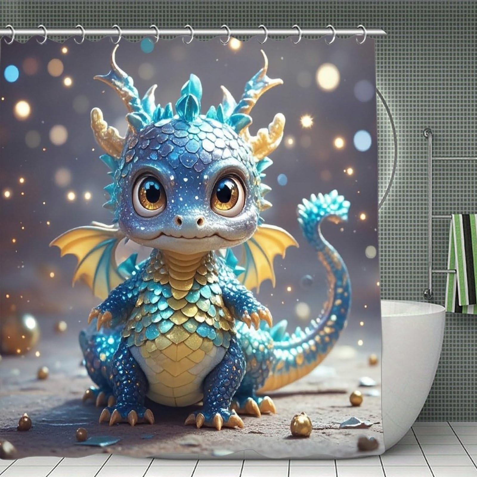 VstaDank Cute Dragon Shower Curtain Waterproof Bathroom Shower Curtain with C Type Hooks Soft Lightweight Shower Curtains Liner Washable Polyester Cloth Shower Liner 71x71 Inch