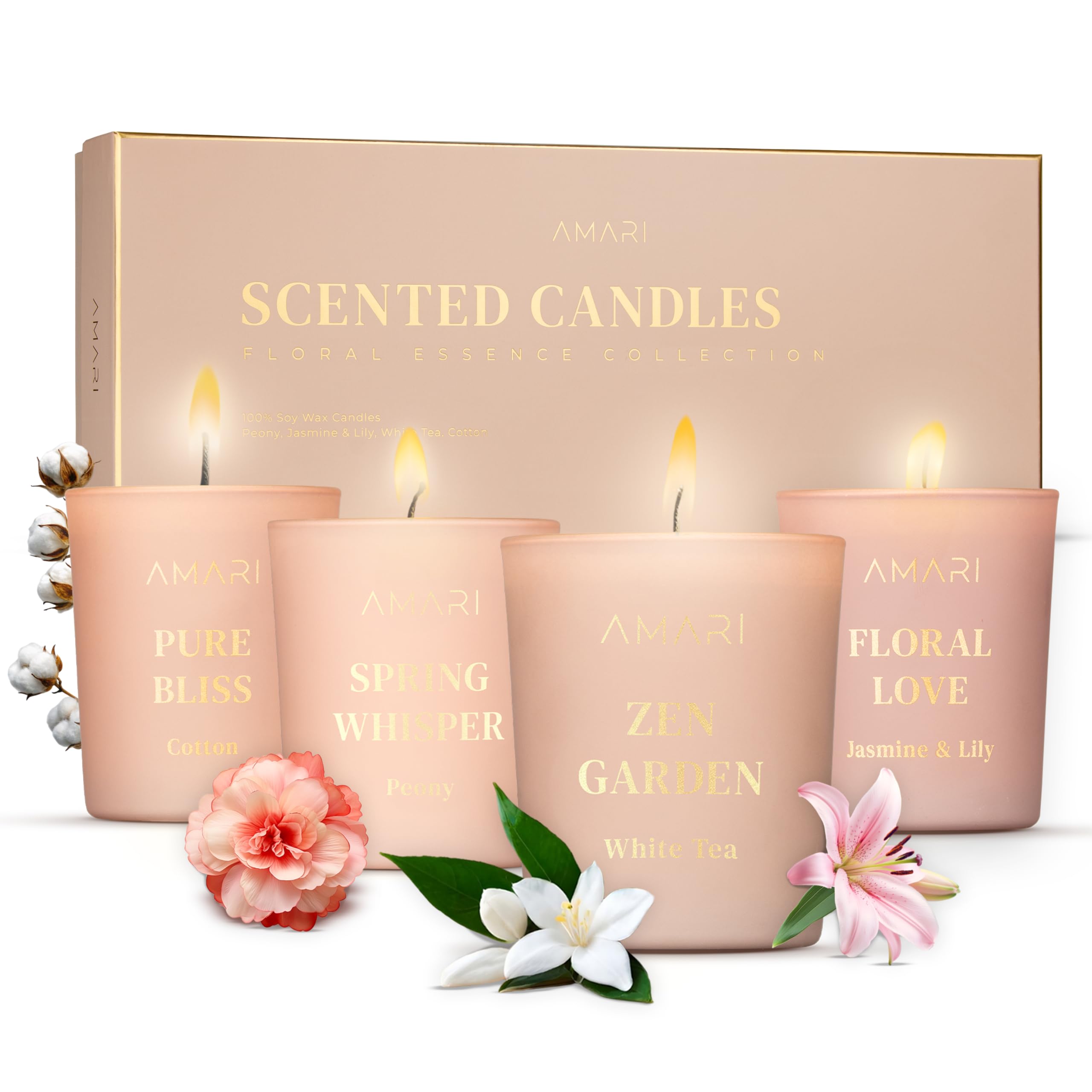 AMARI ® Juego de 4 velas perfumadas con rosas como regalo, juego de 4 velas – velas perfumadas – Juego de regalo para mujeres – Velas perfumadas en vaso – Regalos decorativos para mujeres