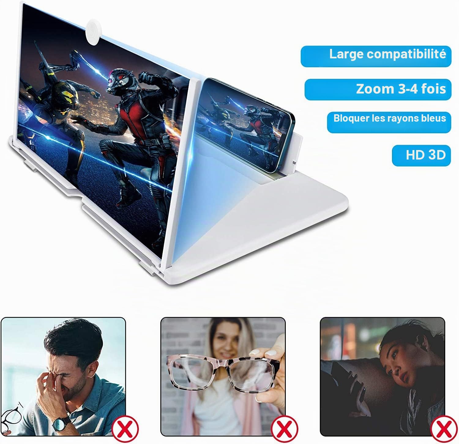 Amplificateur d'écran Lumineux de 14 Pouces, loupe d'écran Anti-Bleu 3D HD pour téléphone Portable, Support Pliable Portable pour Films, vidéos et Jeux, Compatible avec Tous Les Smartphones (Blanc)