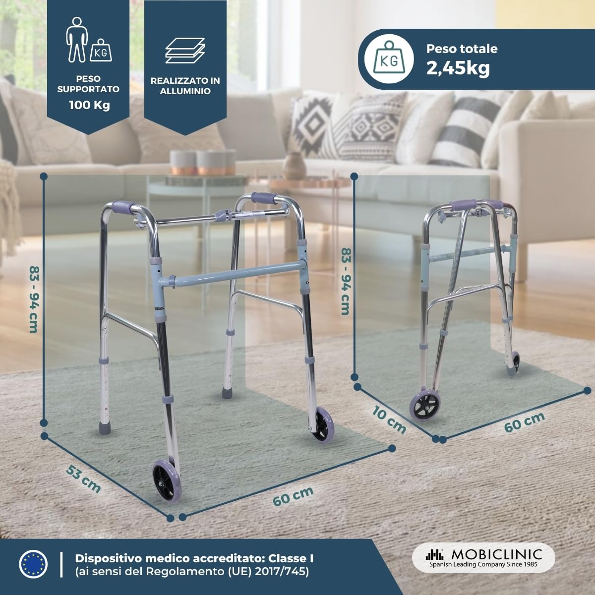 Mobiclinic®, Telaio per anziani, Modello capitel, Marchio europeo, Pieghevole, Regolabile in altezza, Antiscivolo, Adulti o disabili, Leggero e robusto, 2 ruote, Alluminio, Colore grigio