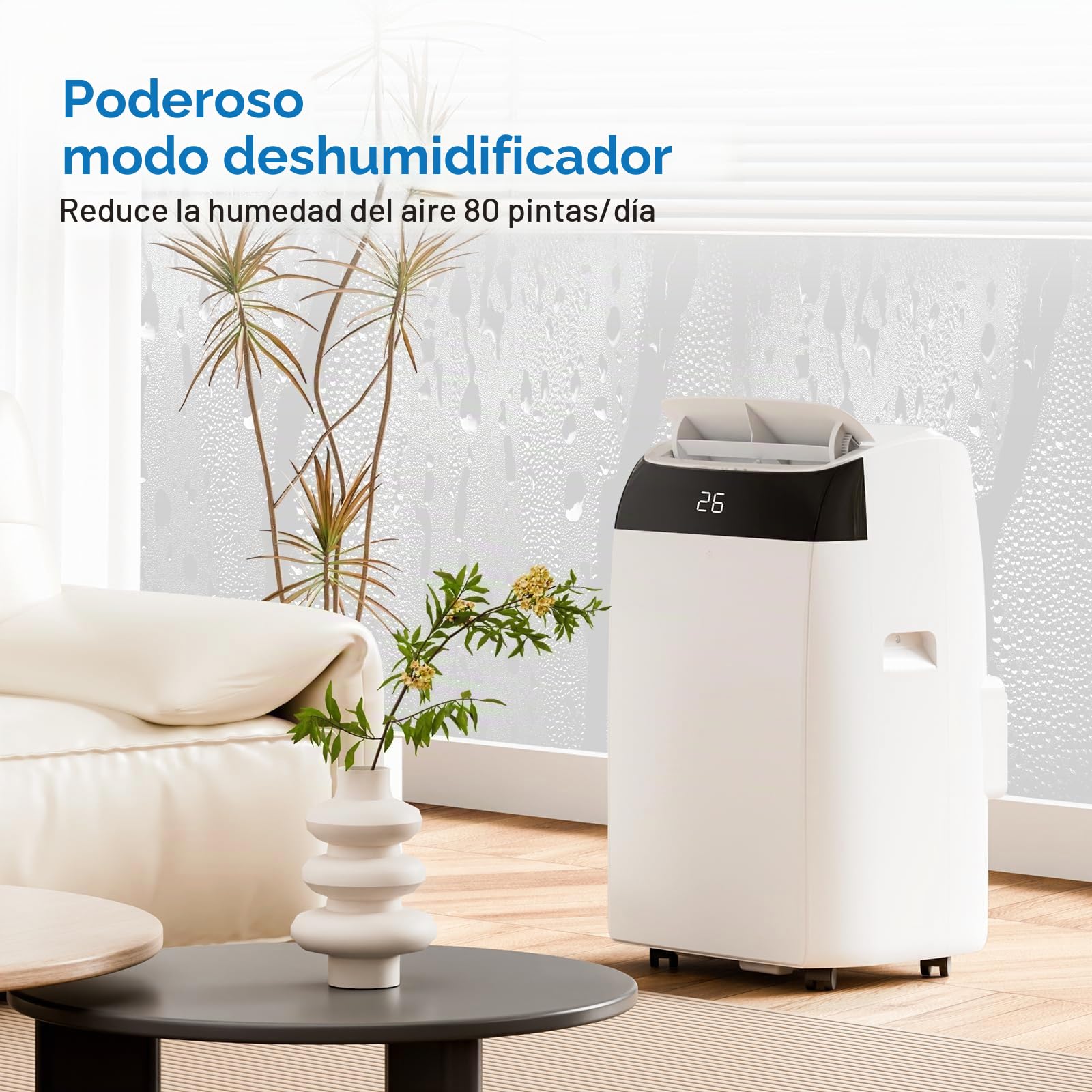 Garvee Aire Acondicionado Portátil 10000 BTU 3 en 1, hasta 30 m², Refrigeración Ventilación Deshumidificación, Mando a Distancia 24H, LED, Ruedas (blanco)