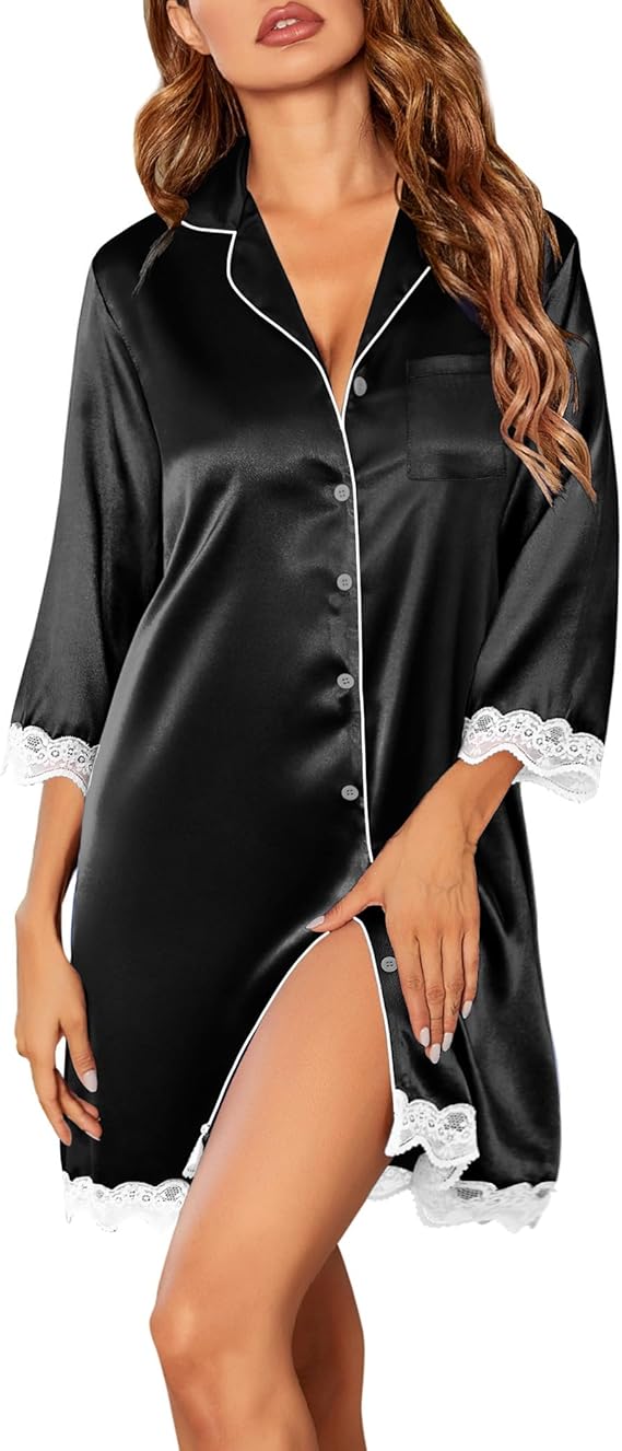 Ekouaer Satin Nightgowns for Women Button Down Sleepshirt 3/4 Sleeve Nightshirts Boyfriend Sleepwear