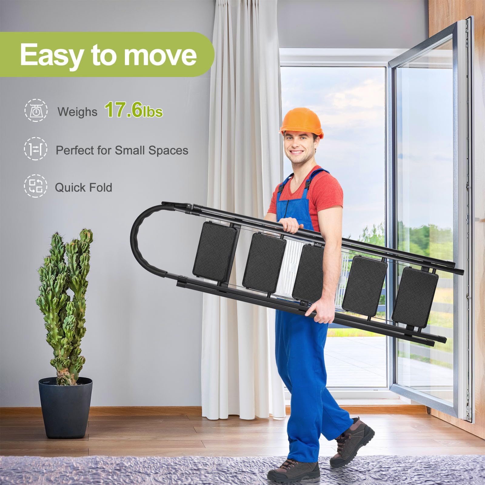 Scala a 5 gradini, scale per la casa, pedali antiscivolo, sgabello pieghevole in alluminio, leggero da spostare, facile da riporre, portatile, per armadio, cucina, biblioteca, supporta 136 kg (nero