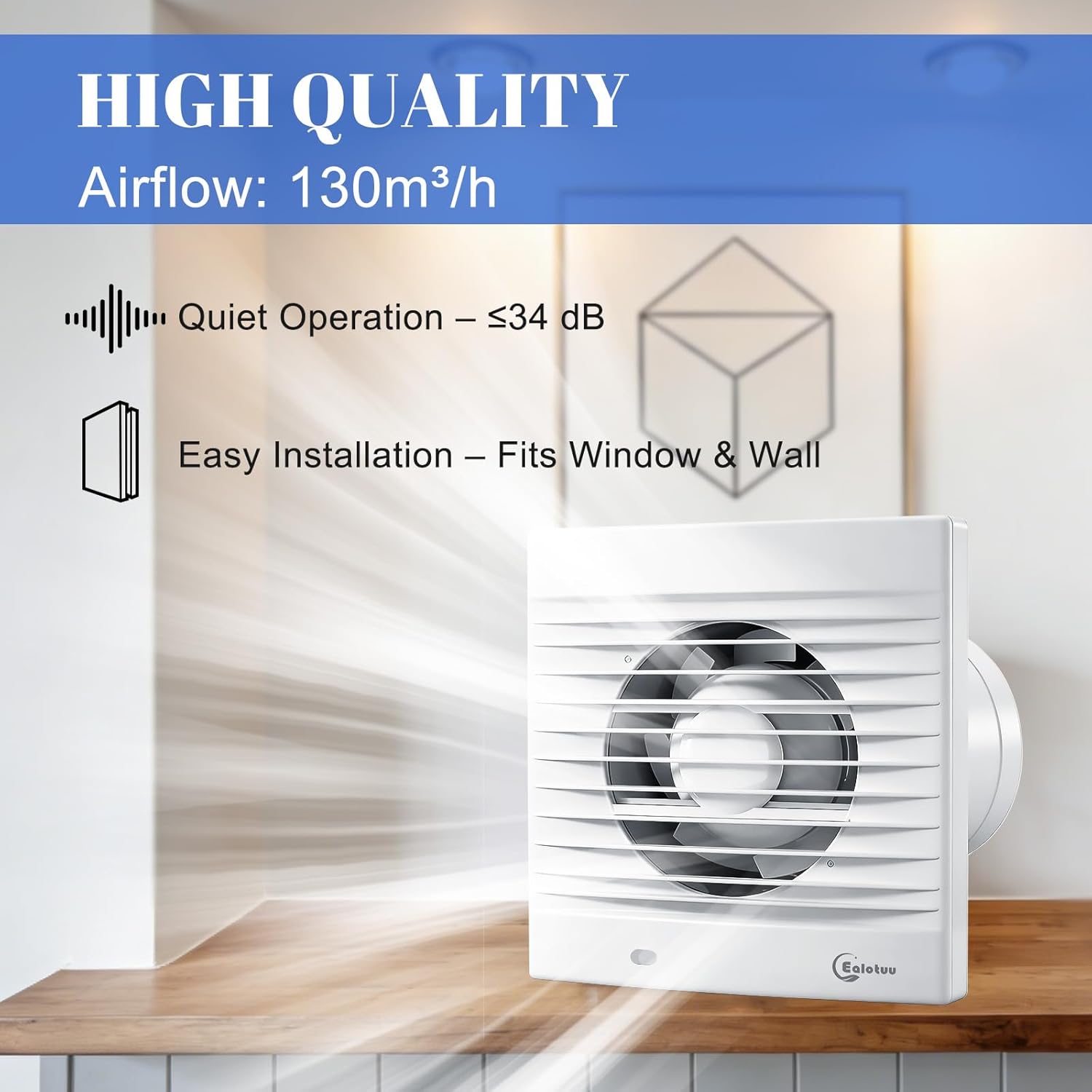 4'' Bathroom Exhaust Fan, Wall Window Mounted Ventilation Fan, IPX2, 34dB Low Noise, 12W, 77CFM, 4 Inches Duct Vent Fan with Plug, Attic fan for Home