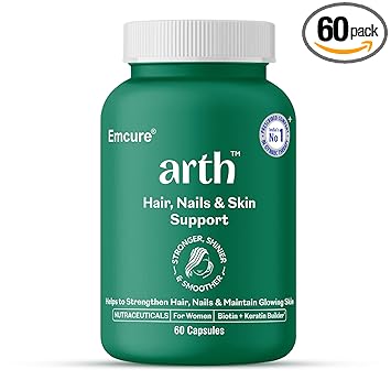 Arth Biotin Capsules | with Keratin Builder, Hyaluronic Acid & Essential Vitamins | Biotin Supplement for Hair Growth, Strong Hair, Healthy & Glowing Skin & Stronger Nails | 60N Veg - image, photos