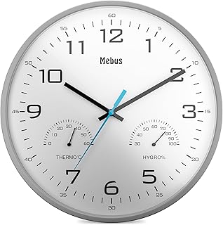 Mebus Reloj de Pared analógico de Cuarzo con termómetro e higrómetro para Temperatura y Humedad, Gris, 30 cm Diameter