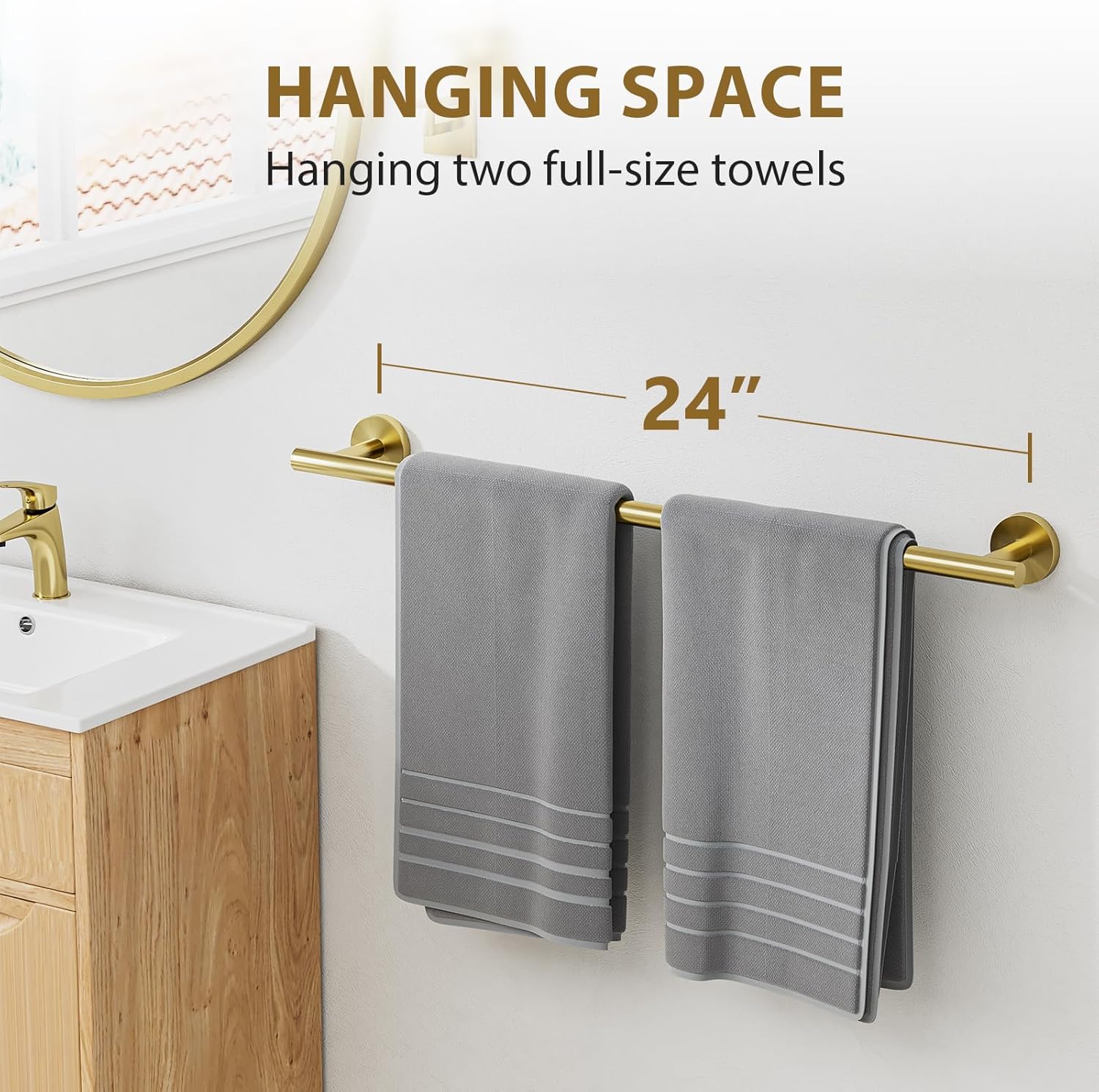 Luxbaro Brushed Gold Towel Bar 24 Inch (Total Length 26-Inch), Thicken Towel Rack for Bathroom Wall, SUS304 Stainless Steel Towel Rod, Modern Home Decor