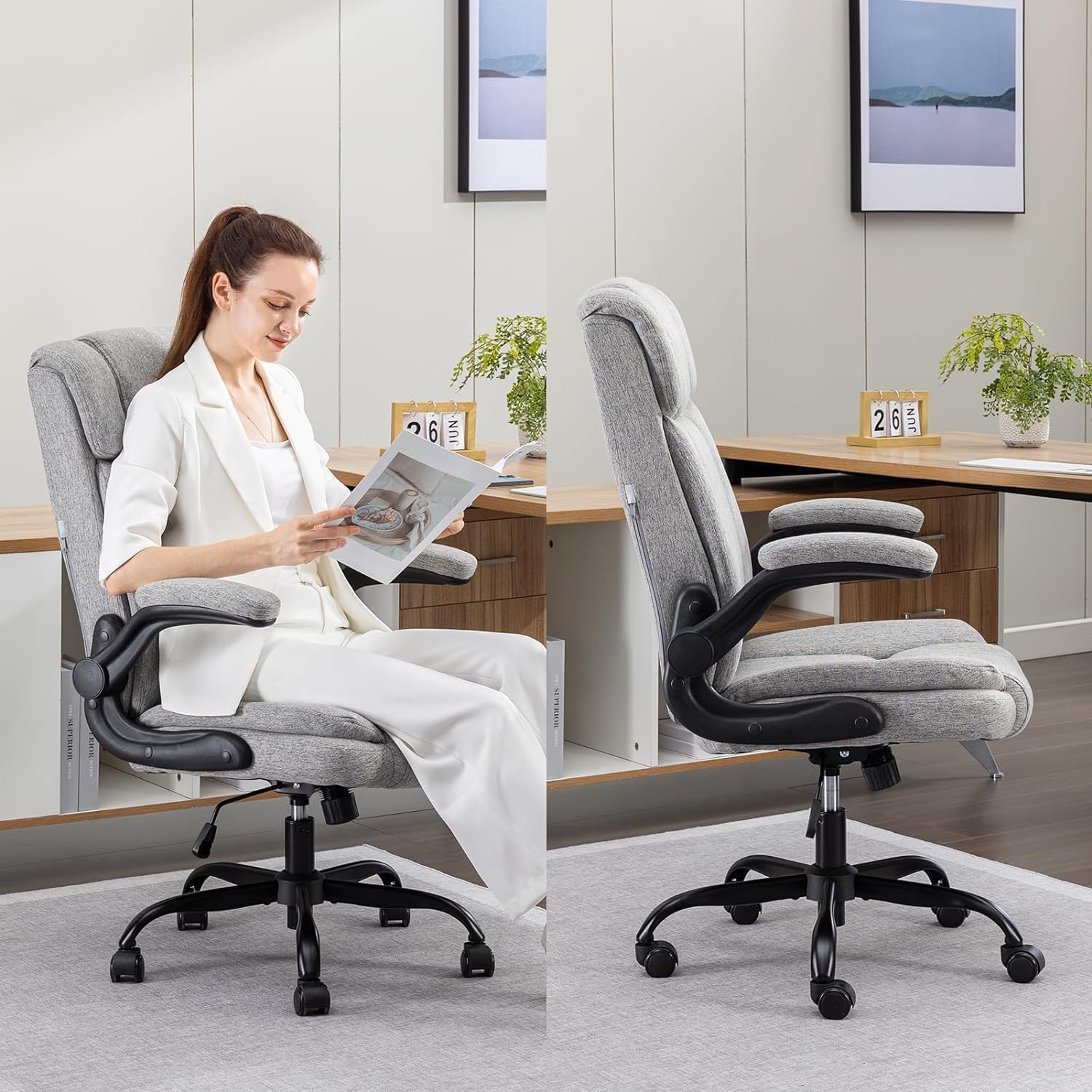 Office Chair High Back Ergonomic Executive Computer Desk Chair Comfortable Fabric Padded Home Office Desk Chairs with Flip-up Arm Rest Adjustable Height Swivel Wheels (Grey)