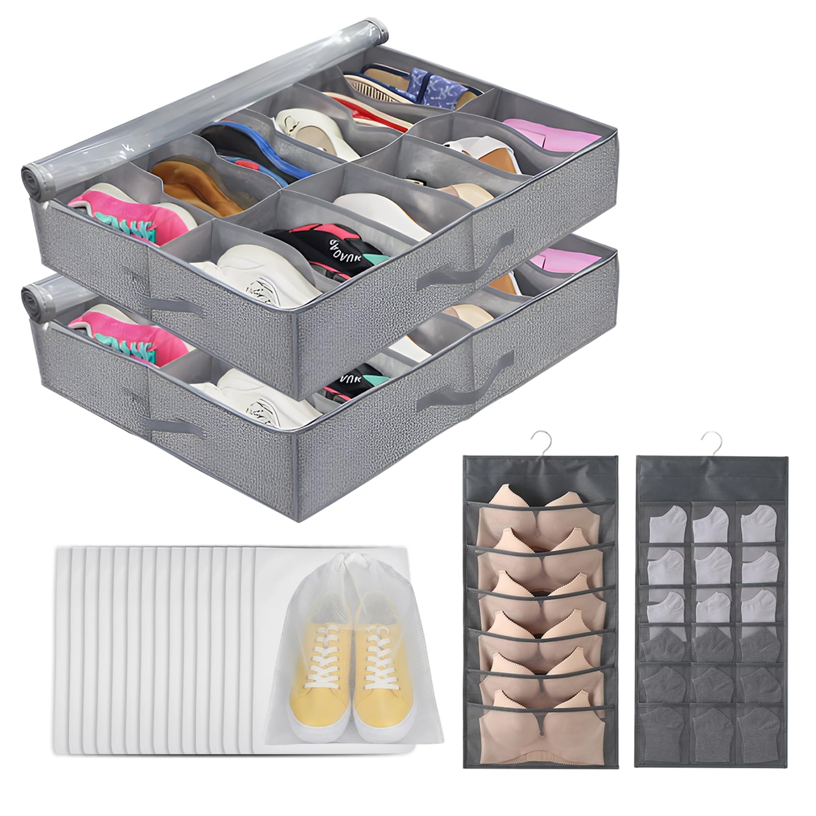 Photo 1 of 2 pc Sturdy Under Bed Shoe Storage Organizer, Underbed Shoes Closet Storage Solution with Clear Window, Breathable, With 1 Sock Bag and 20 Disposable Shoe Bags Fit 12 to 24 Pairs, Linen-like Gray