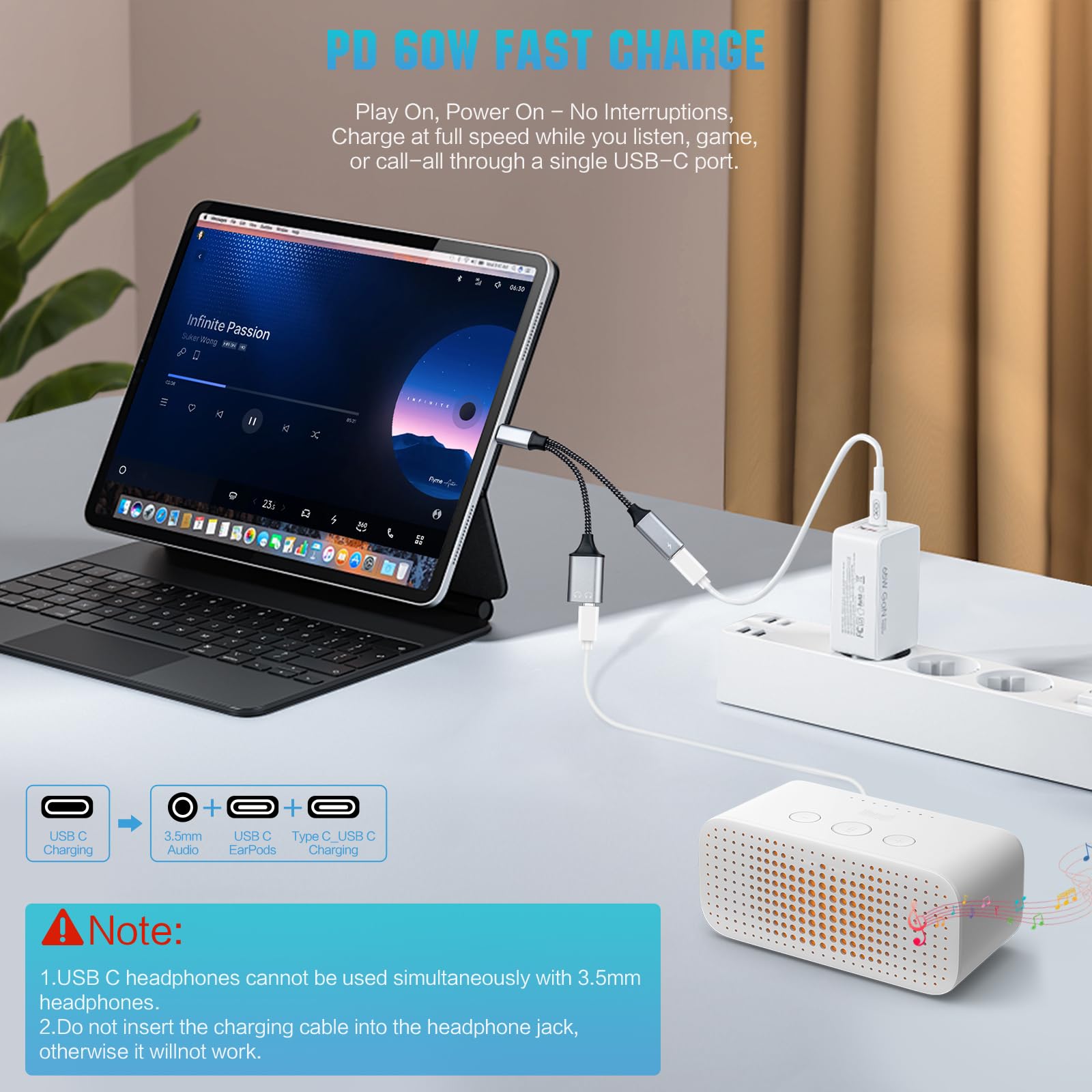 Adaptador de auriculares USB-C a 3.5 mm, soporta carga rápida PD de 60 W, 3 en 1 tipo C a AUX, interfaz de audio tipo C y carga USB-C, calidad de sonido DAC de alta fidelidad, compatible con iPhone 15