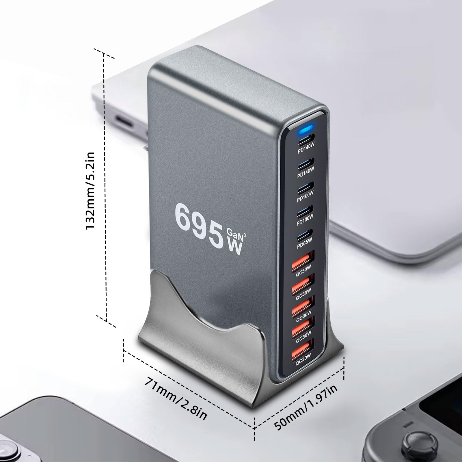 ARCELI Chargeur USB C 695 W 10 ports, GaN III, chargeur USB C avec 5 ports USB-C PD + 5 ports USB-A QC4.0, chargeur rapide pour téléphone 16/15/14 Pro Max, Samsung Galaxy, MacBook, Pad, ordinateur