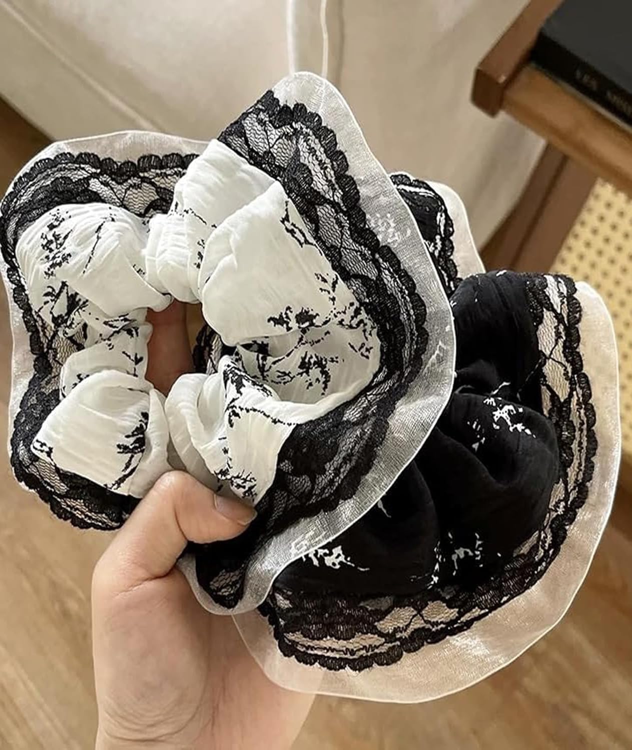 Lace Trim Scrunchie Hair Tie, Black and White, Floral Print, Set of 2-picture-32