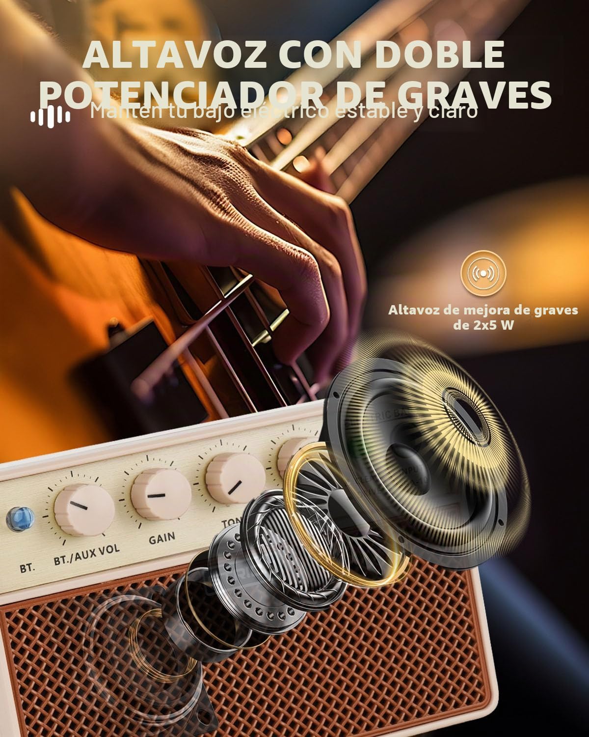 STRICH Amplificador Mini de Bajo de 2 x 5 W - Amplificador de práctica para bajo portátil y Recargable con Canales limpios y distortión, Salida de Auriculares de 1/8 para Principiantes, marrón