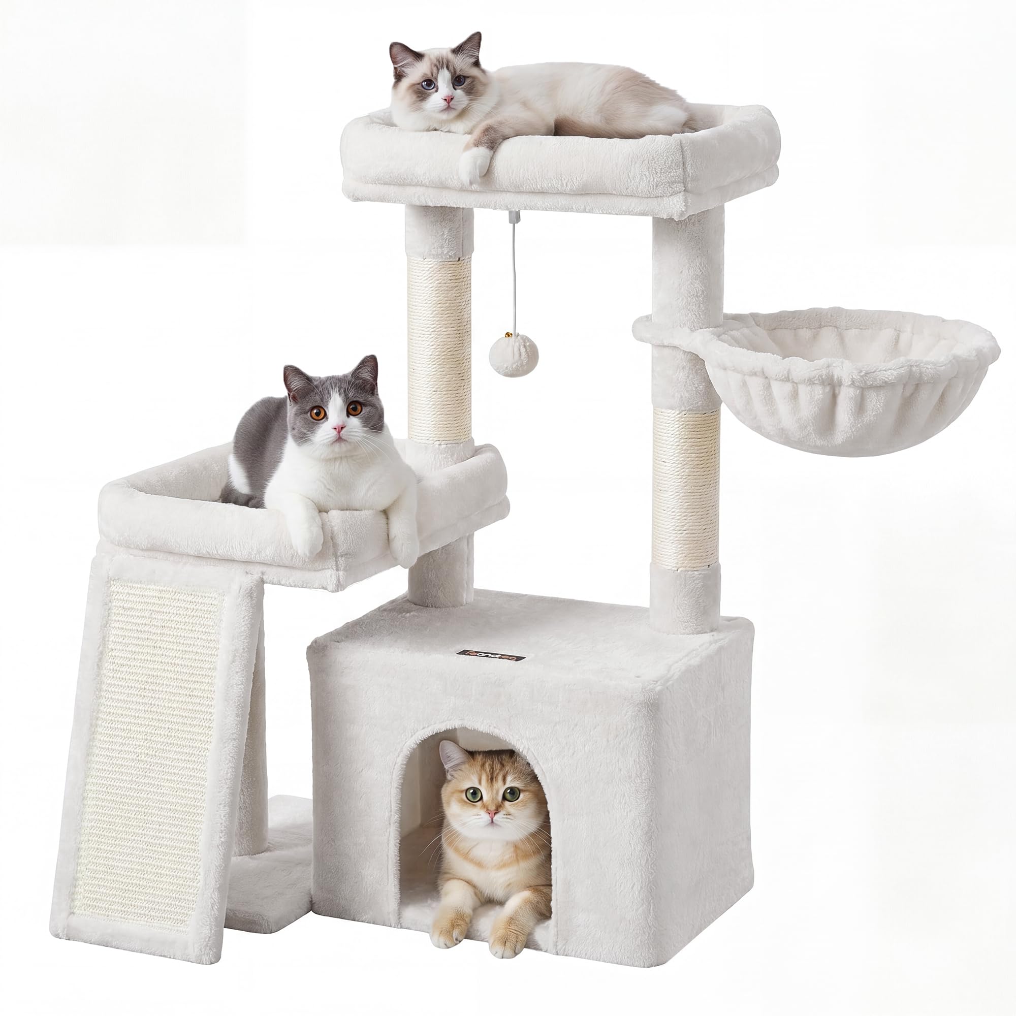 Feandrea Albero per Gatti, Tiragraffi in Sisal e Peluche, 60 x 40 x 86 cm | Ideale per Più Gatti, con Cucce, Cesta e Rampa, per Gatti Piccoli e Anziani, Bianco Crema, Collezione CLAWFY PCT013W101