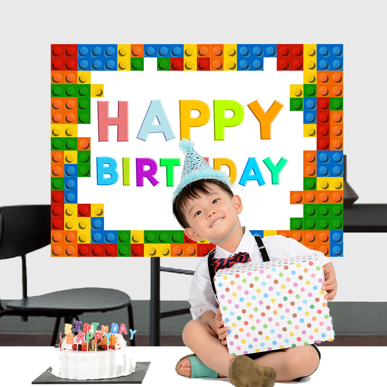 Sfondo Fotografico A Tema Blocchi Costruzione - Decorazione Compleanno, Feste, Fondo Per Foto Con Mattoncini - Foto 4