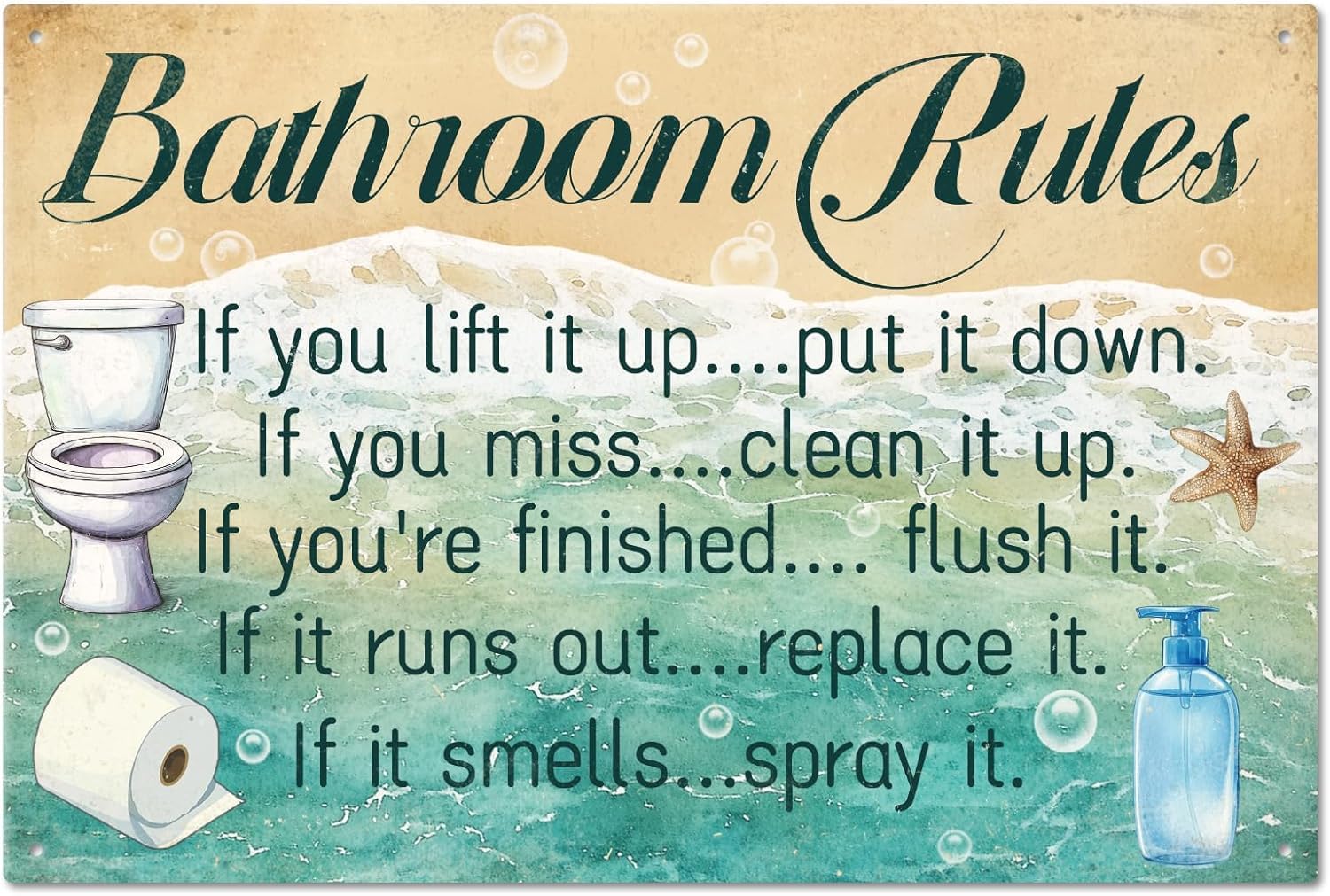SMAZDFXX Bathroom Rules Metal Sign Summer Beach Vintage Painting Tin Signs Poster Plaque for House Poolside Cabin Cottage Spa Resort Decor 12"x16"