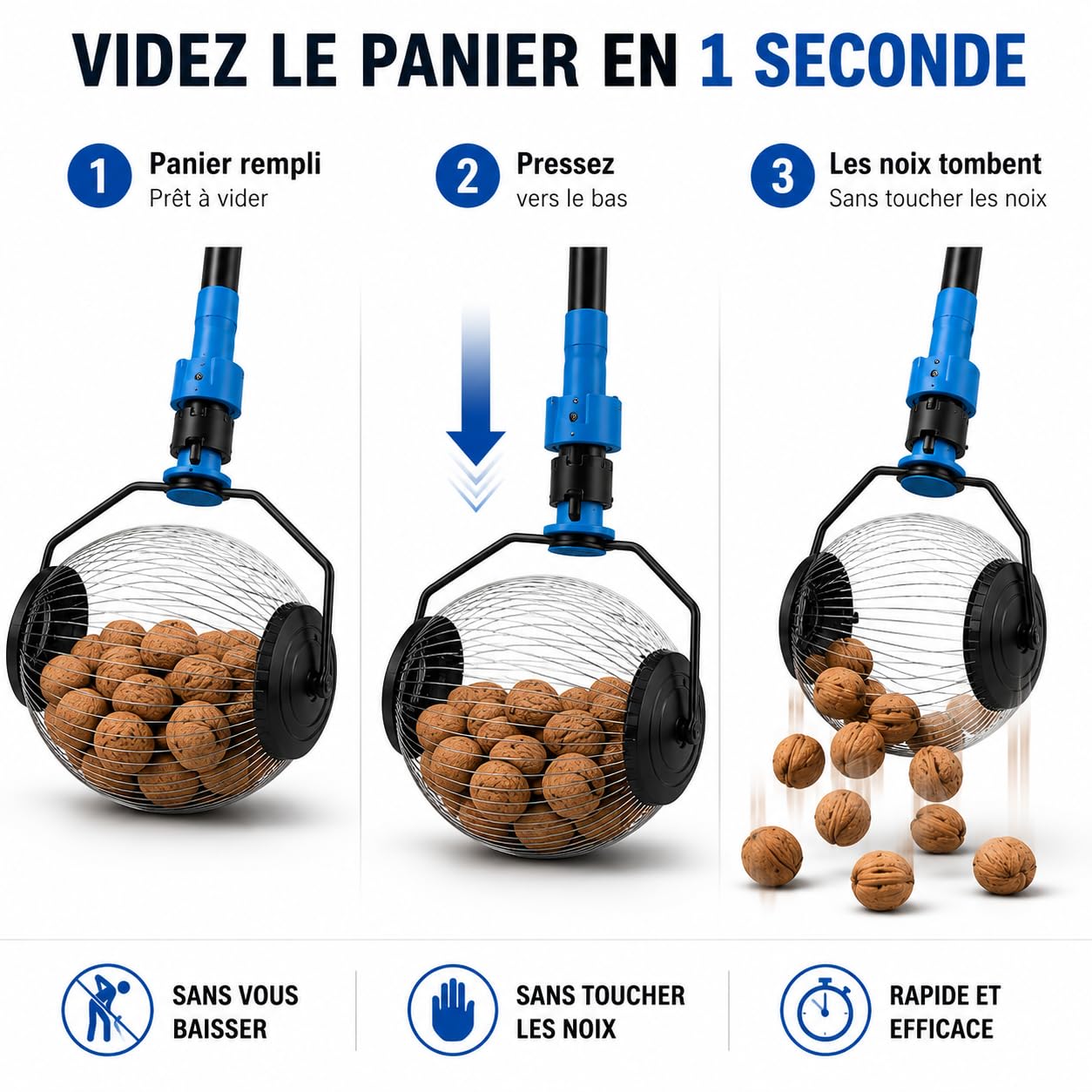 Ramasse Noix avec Manche Mécanique - Outil Cueillettes Jardin & Forêt – Ramasse Noisette et Ramasse Pomme - Cueilleur Inoxydable 1m, Léger, Anti-Douleur Dos, Facile à Utiliser