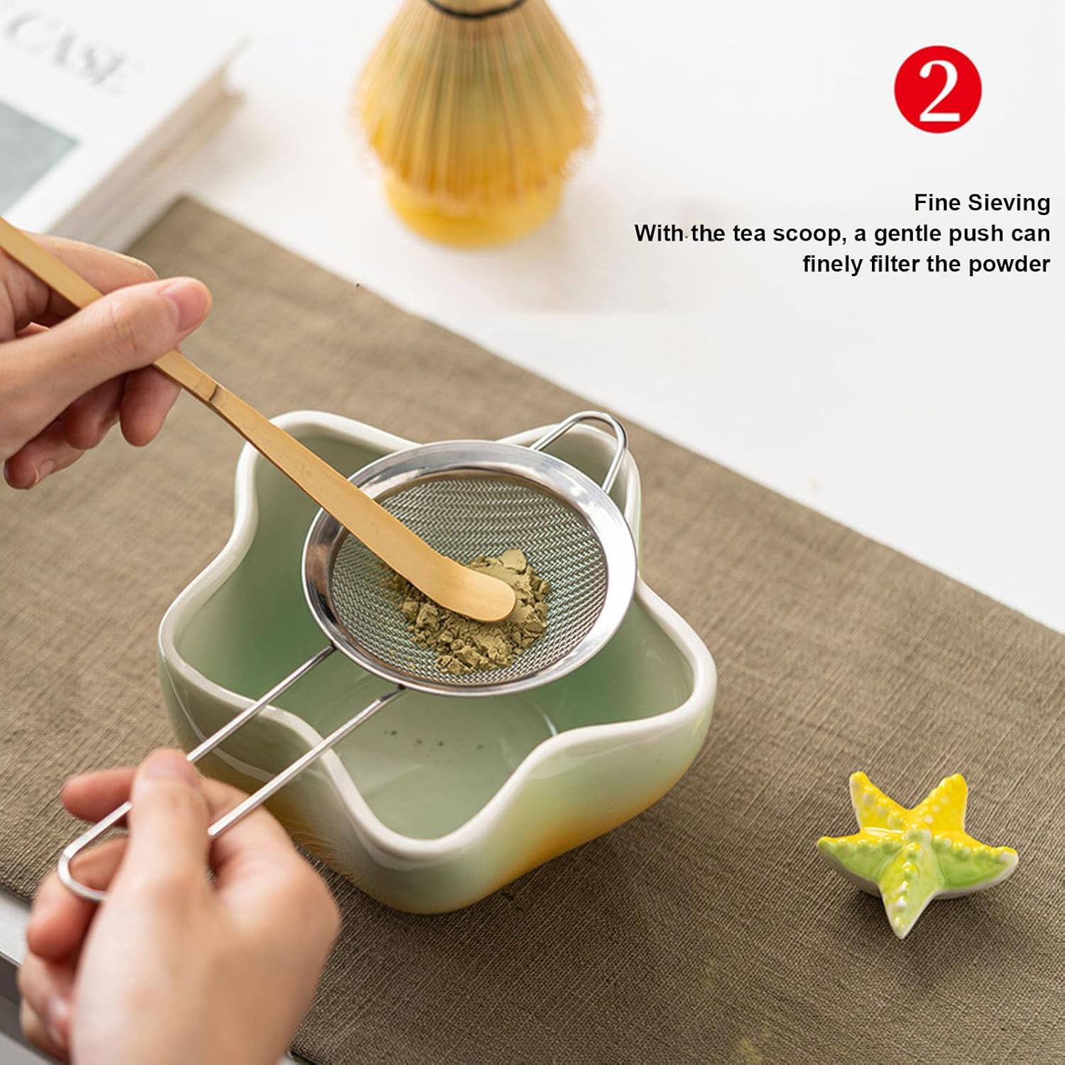 Matcha Whisk Set, Ceramic Matcha Kit with 500ml Bowl Whisk Holder Scoop Sifter Scoop Rest, for Tea Making Beginners Enthusiasts (Green Yellow)