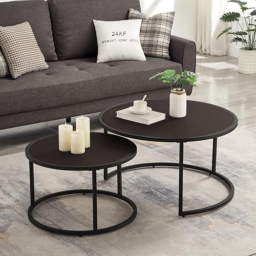 24KF Moderna mesa de centro redonda de piel sintética con base de metal negro, mesa de té decorativa para sala de estar, juego de 2, color marrón