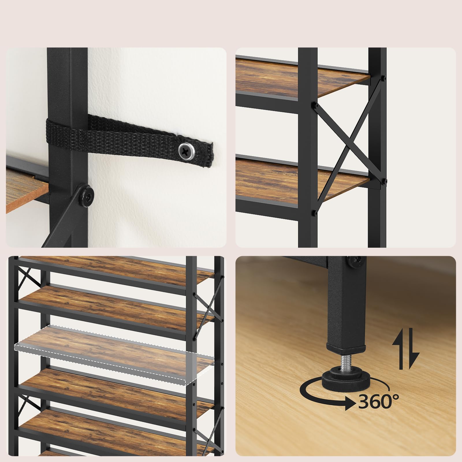 YATINEY Porte-Chaussures 10 Niveaux 173,5 cm Haut, 30-40 Paires (Plateau Supérieur Inclus), 3 Croisillons en Métal par Côté, pour Entrée, Salon, Chambre, Marron Rustique et Noir XSS210BR