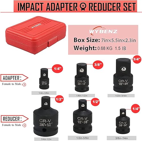 Miniatura 2 de Juego de adaptador y reductor de llaves de impacto, juego de adaptadores de impacto de 14 pulgadas, 38 pulgadas, 12 pulgadas, 34 pulgadas, con