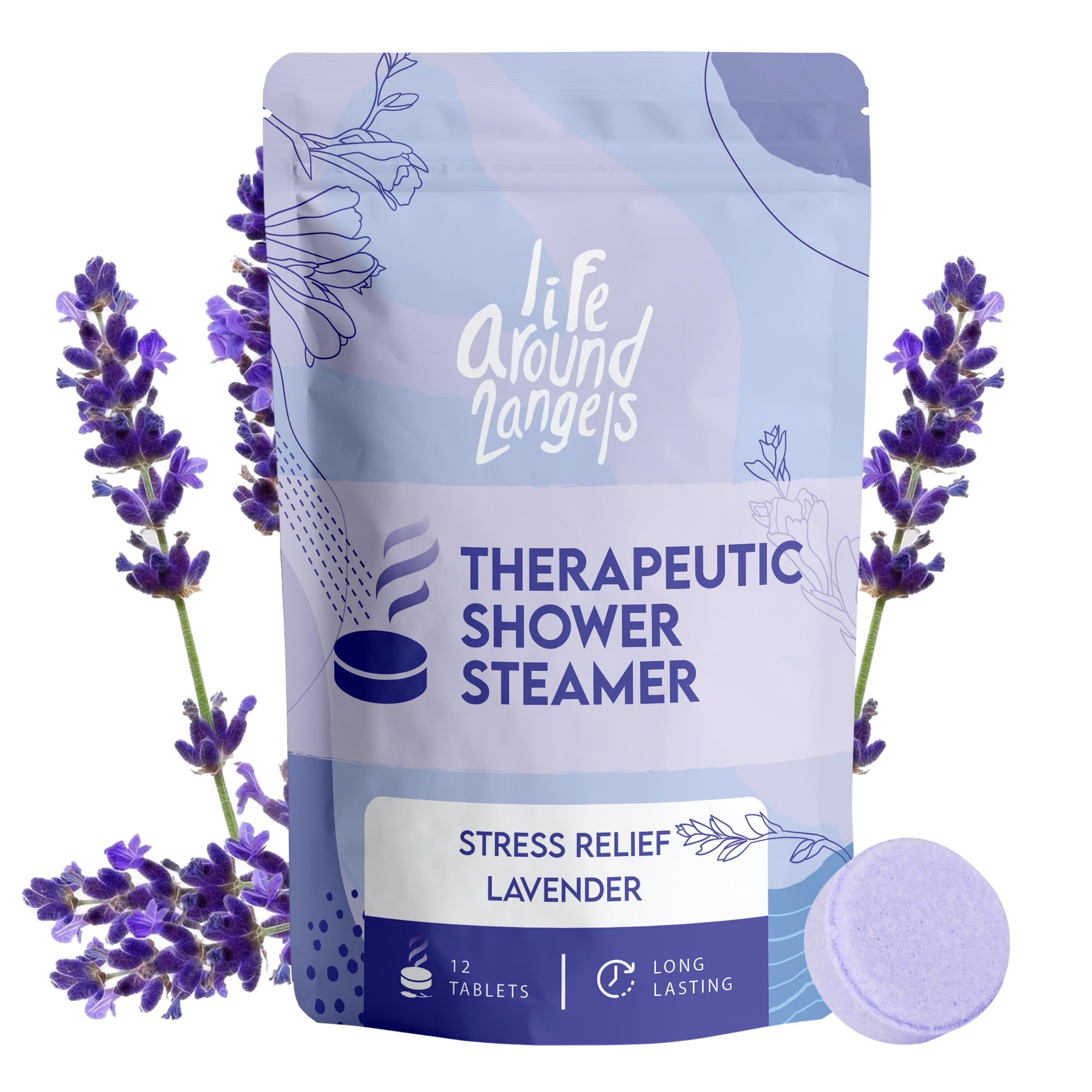 Lifearound2angels Therapeutic Shower Steamer 12 Pack Made in USA Stress Relief Lavender Shower Vapor Shower Bomb Tablets Self Care Relaxation Gifts for Women Spa Christmas Gifts Stocking Stuffer