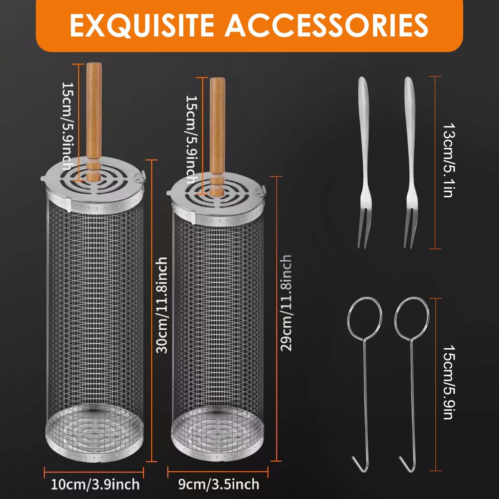 Grilloir en Acier Inoxydable 2 Pièces, Panier de Grillade Tournant Cylindrique avec Poignée en Bois Amovible - Accessoire BBQ pour Grill Extérieur, Camping - Légumes, Poisson, Viande, Fruits de Mer