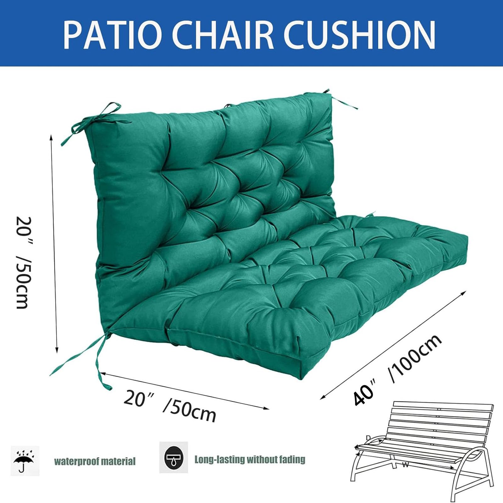 Cojín de repuesto para columpio de exterior, 3 asientos, impermeable, con lazos, respaldo grueso, 4 pulgadas, cojines para muebles de patio y jardín, 40 x 40 pulgadas, color azul lago