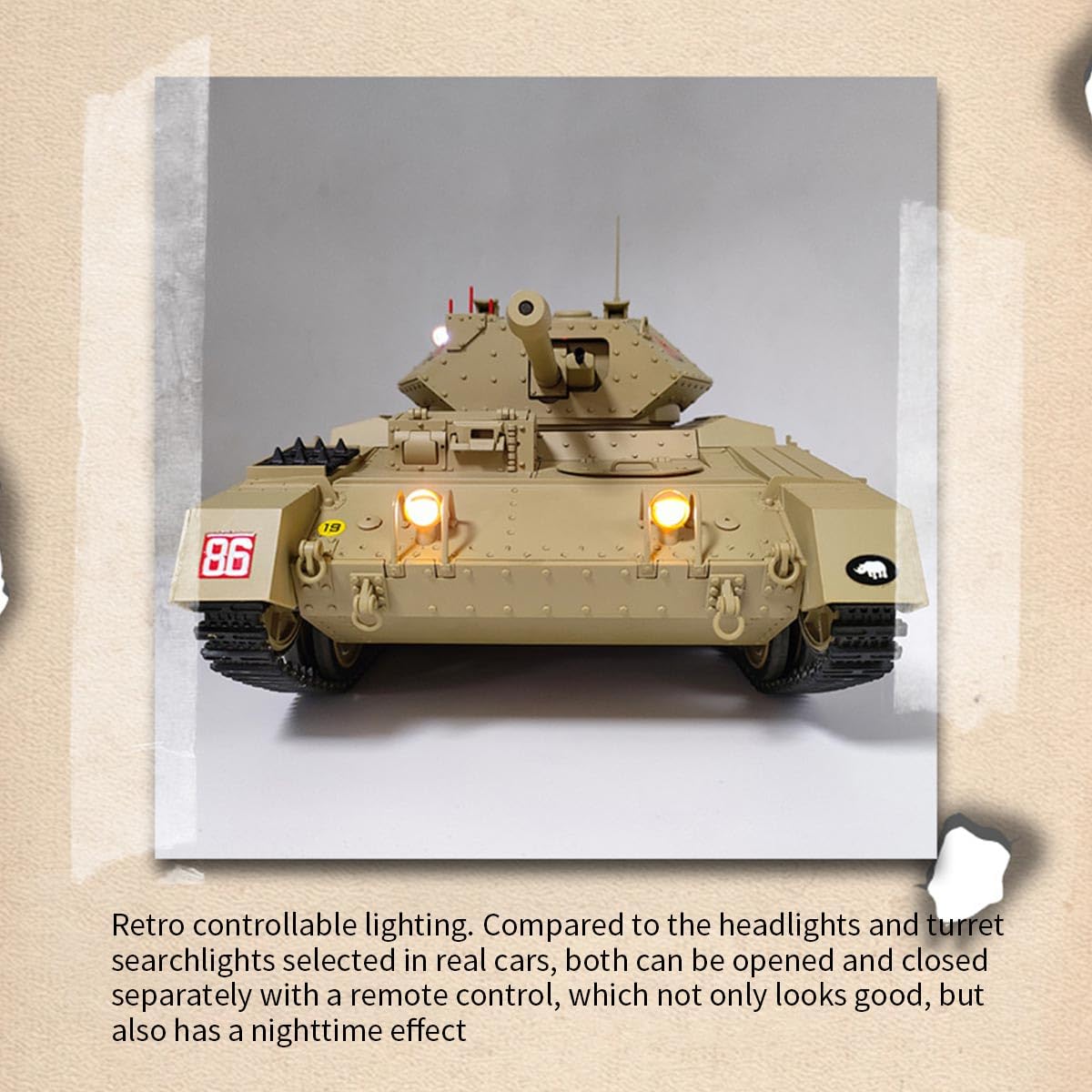 Czołg RC 1/16 dla dorosłych, brytyjski Crusader RC Battle Tank model z realistycznym dźwiękiem, światłami, symulacją odrzutu i bitwą na podczerwień (pustynny żółty)