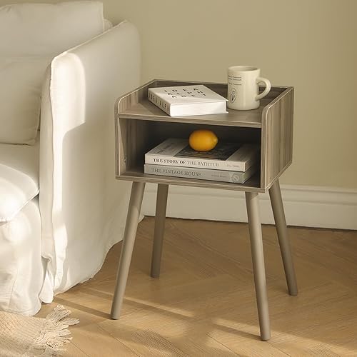Miniatura 7 de MaxSmeo Mesita de noche, mesa auxiliar moderna de mediados de siglo con almacenamiento, mesita de noche pequeña con patas de madera maciza para sala