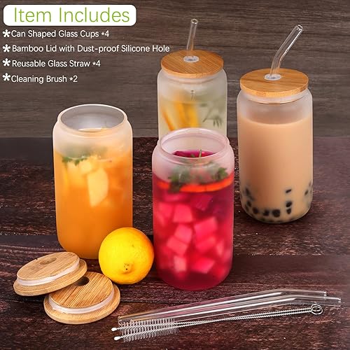 Miniatura 3 de KAUND 4 vasos de cerveza de sublimación esmerilada vasos de 16 onzas con tapas de bambú y popote de vidrio ideal para cerveza whisky refrescos y