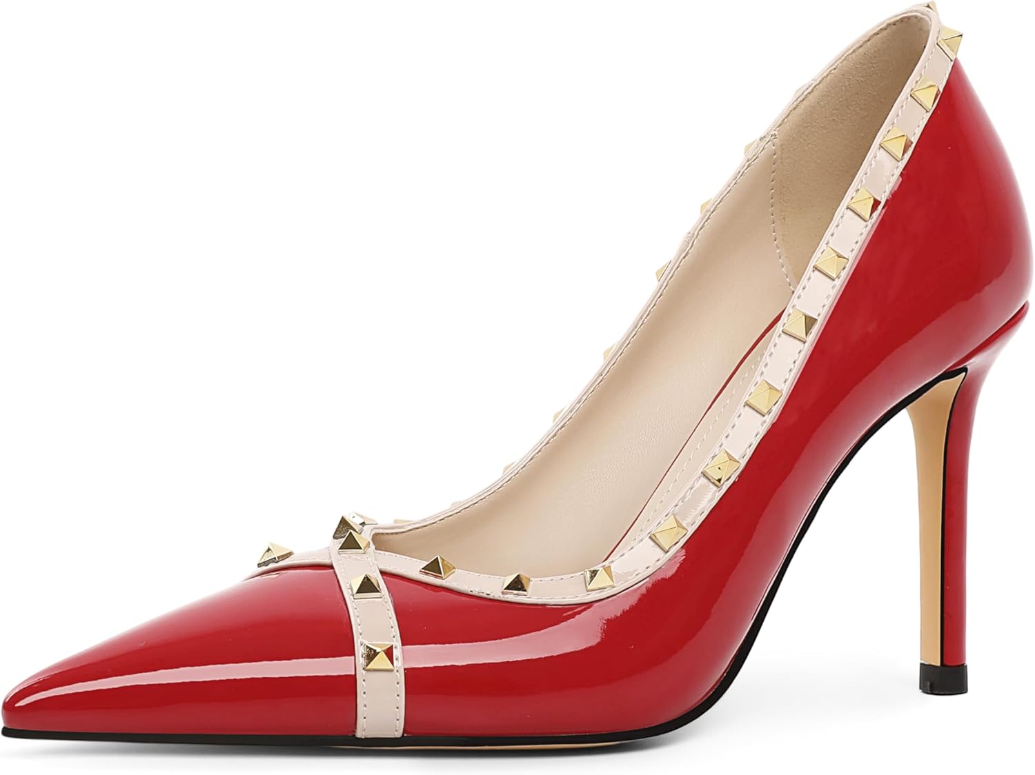 Eldof Women's Stilettos High Heel Pointed Toe Studded Heels Closed Pumps Slip On Party Prom Dress Shoes 3.5 Inch