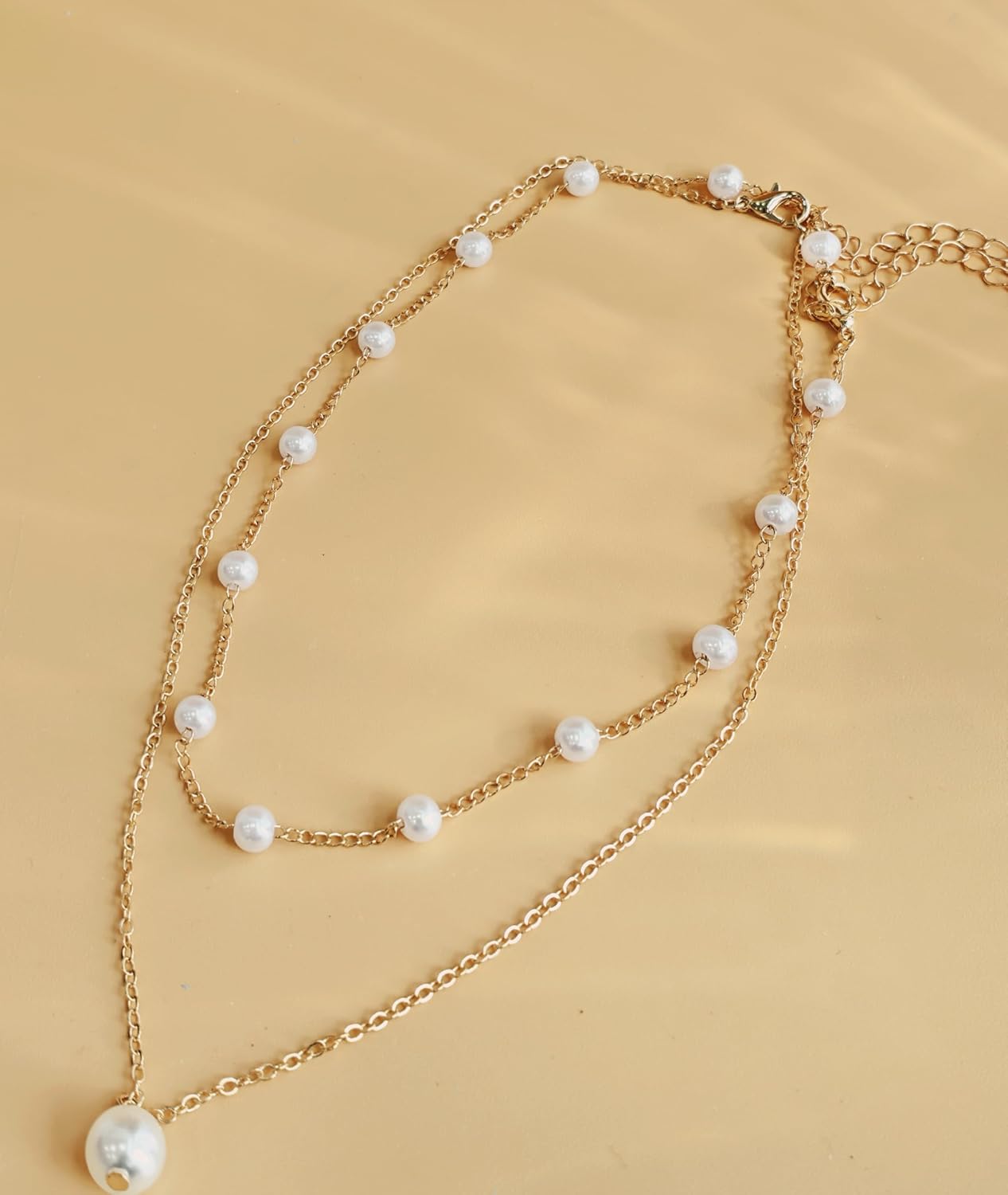 Layered Pearl Necklace Set,14K Gold Chain, Double Strand Choker with Pearl Pendant, Fashion Jewelry for Women,14-17In