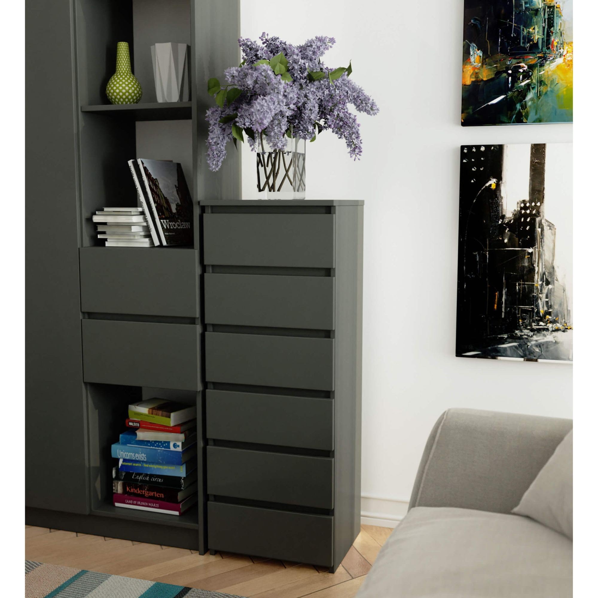 Cómoda AKORD CL6 Grafito Gris 40 cm 6 cajones frente en color Grafito Gris 40x35x109 cm