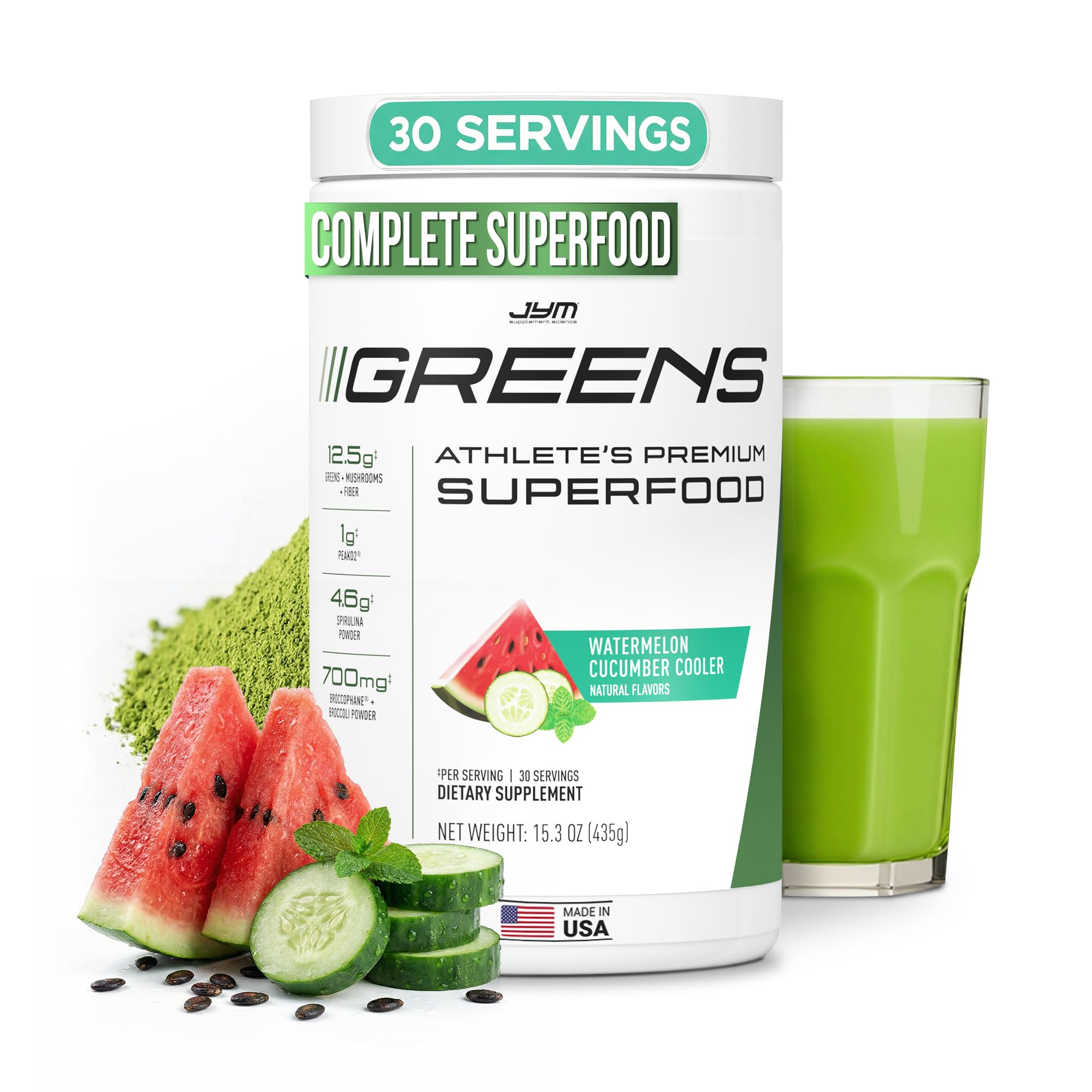 JYM Greens Super Food Powder for Performance, Watermelon Cucumber, Spirulina, Mushrooms, Vitamins, BroccoPhane & Broccoli, Men & Women, 30 Servings
