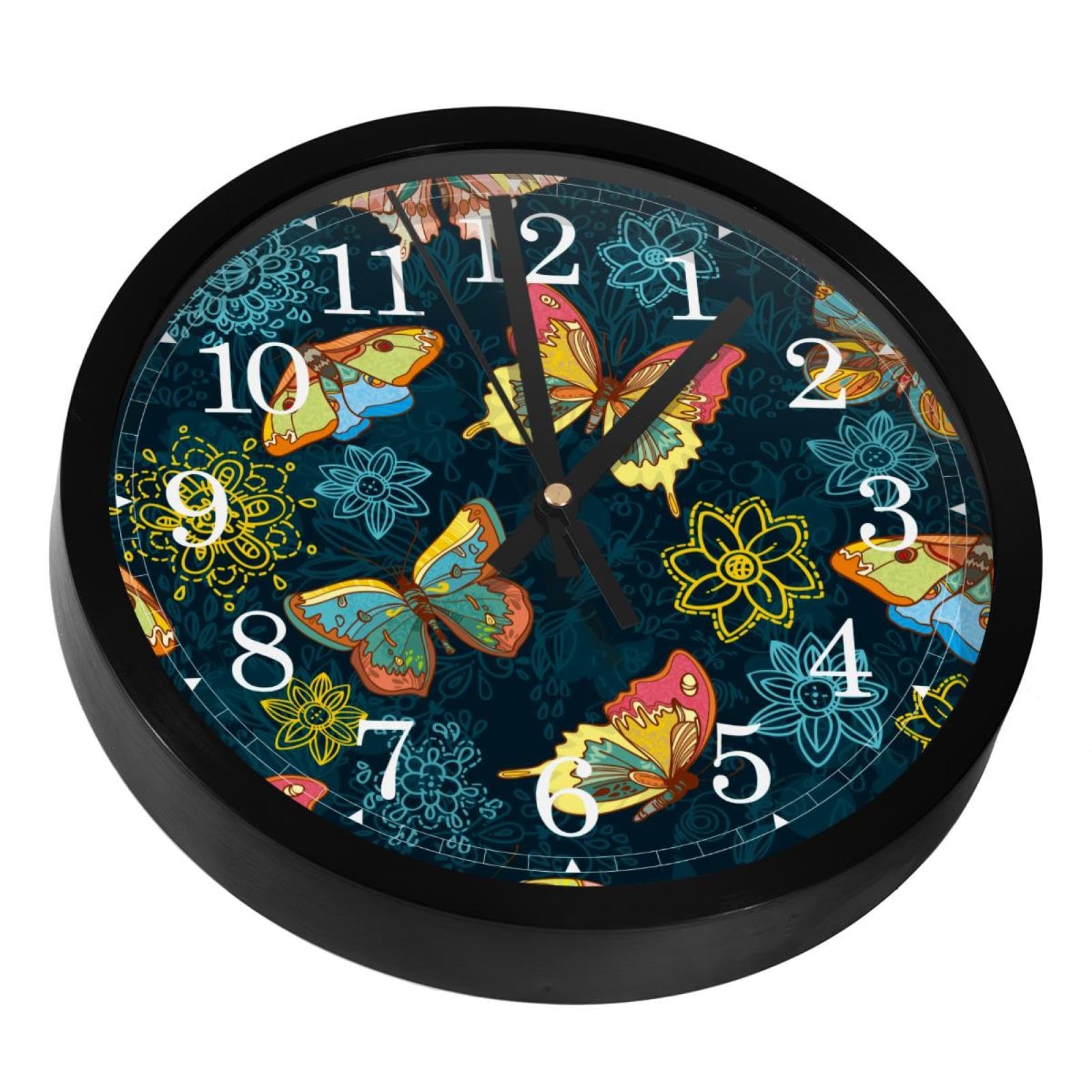 Horloge murale silencieuse à piles au motif floral et papillon