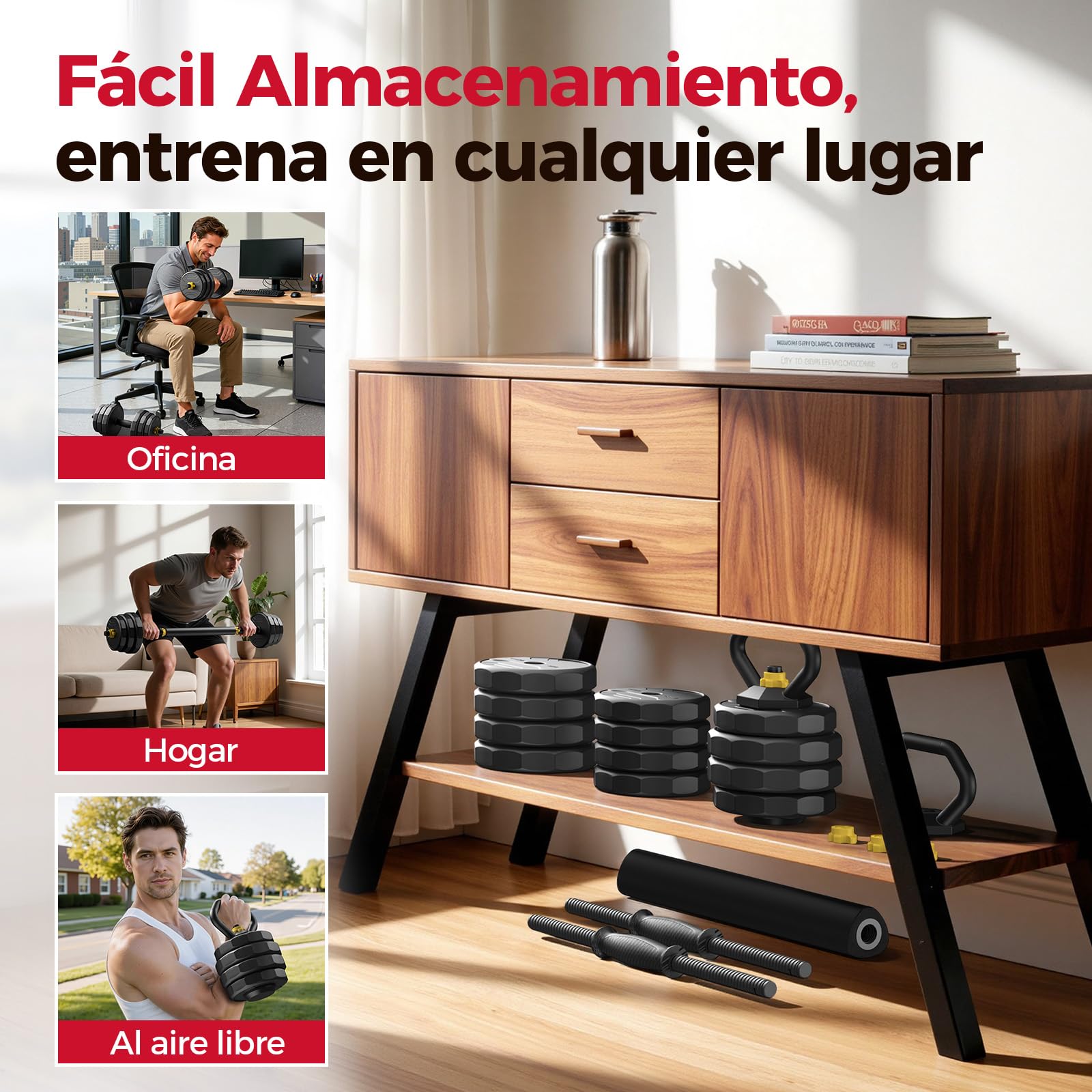 FEIERDUN 20/25/30/40KG Juego de Pesas y Mancuernas Ajustables, Kit Pesas 5 en 1 con Barra, Pesas Rusas y Soportes Para Flexiones, Equipo de Entrenamiento Progresivo para Toda la Familia