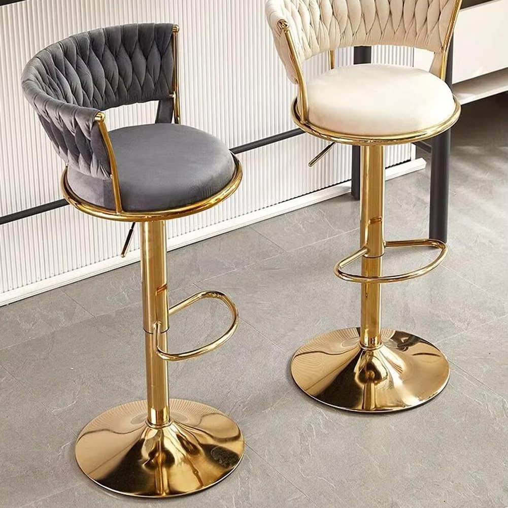 BAKAJI Set 2 Sgabelli da Cucina con Rivestimento in Velluto e Schienale Intrecciato e Altezza Regolabile, Sedie da Bar, Ristorante, Struttura Girevole in Oro con Poggiapiedi, Design Moderno (Grigio)
