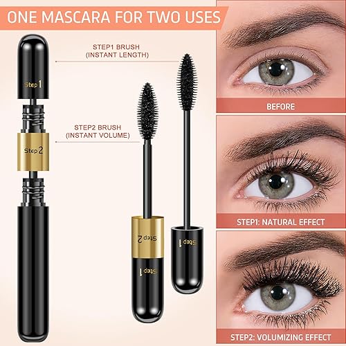 Miniatura 4 de Rímel de volumen y longitud, máscara de pestañas impermeable 2 en 1, color negro, paquete de 2 pestañas falsas voluminosas alargamiento a prueba de