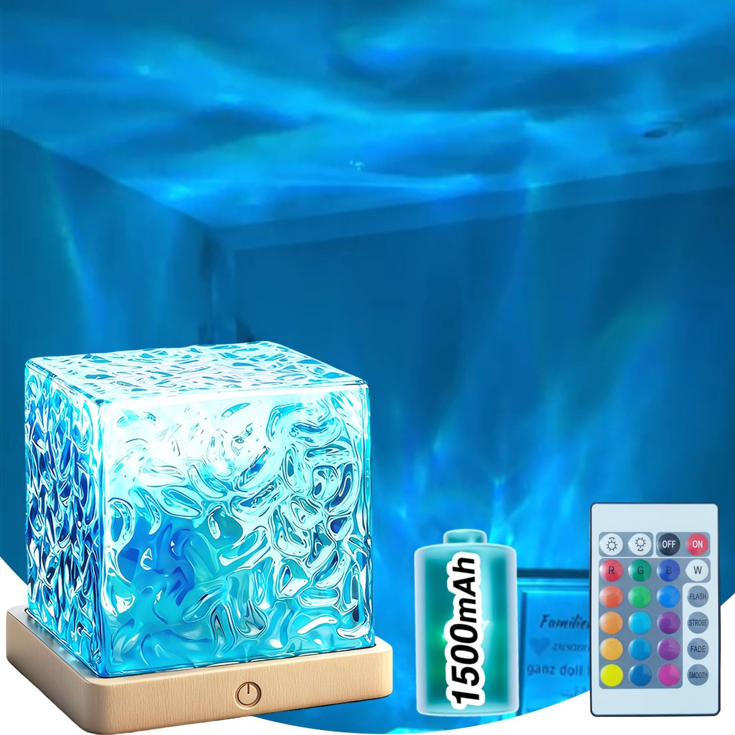 Ocean Wave Projector Light Cordless – Built-in Rechargeable Battery Water Ripple Lamp, 16 Color RGB Ambient Night Light for Bedroom Ceiling, Relaxation Mood Lighting Room Decor