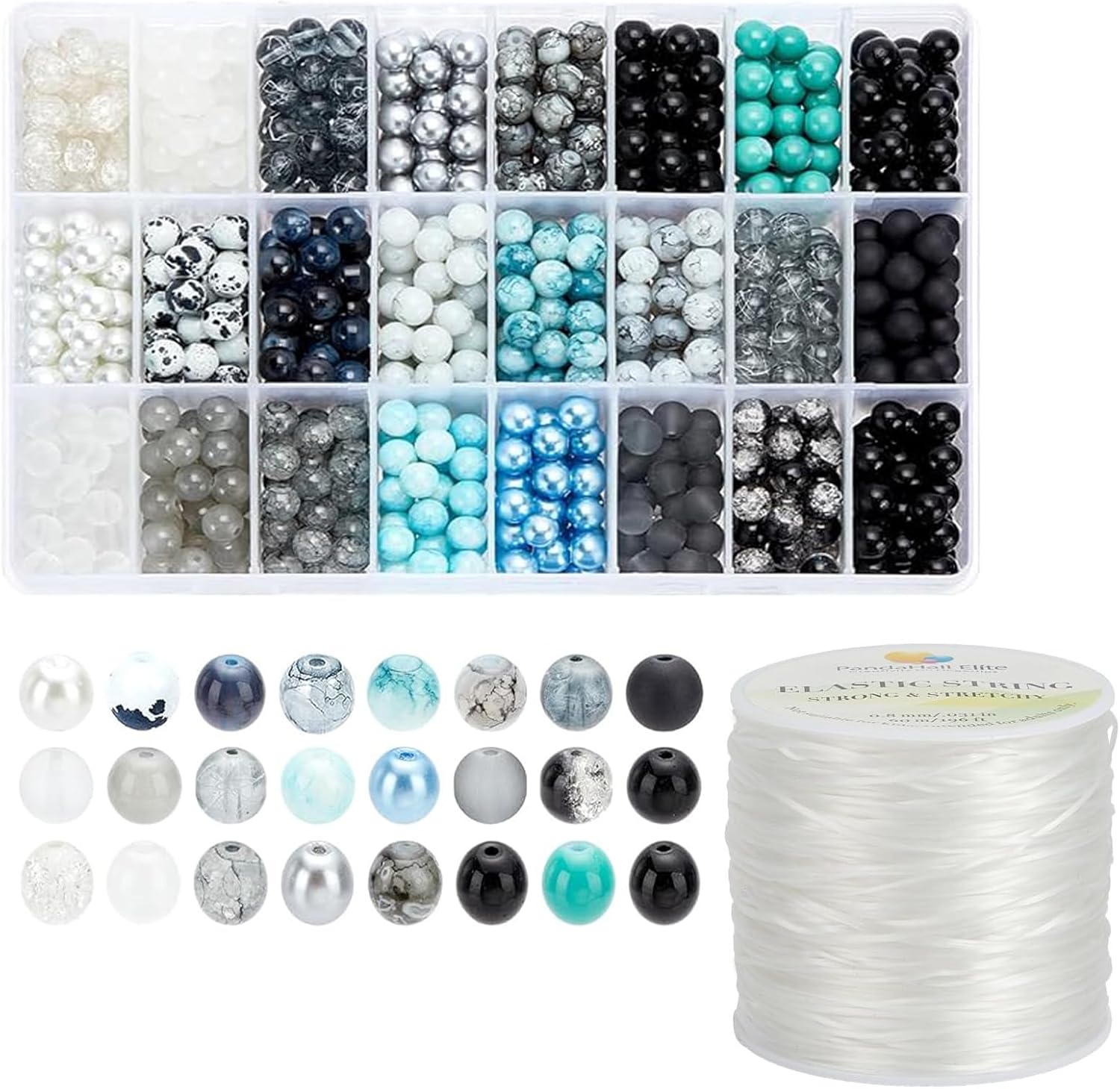 PH PandaHall 1080pcs 8mm Glass Beads 24 Color Black Bracelet Beads and 60 Yards Clear Elastic String Cord 0.8mm Polyester Stretch Thread for Bracelet Necklace Earring Jewelry Making Supplies