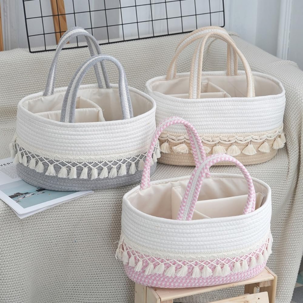 Aufbewahrungskorb Baumwollseil Gewebte Wickeltasche Wickel-Organizer | Baby-Wickeltasche Windelkorb Babykorb Tragbare Einkaufstasche Shopper mit 3 Schichten,Geschenktasche für Neugeborene,Khaki B
