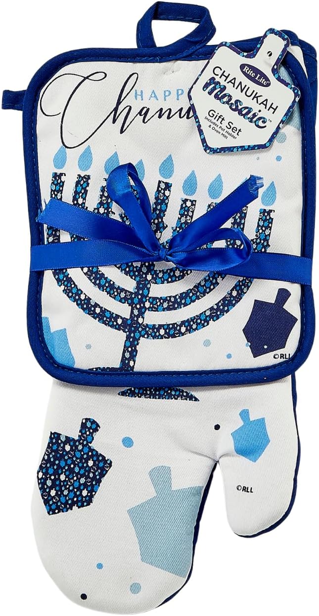 Rite Lite Hanukkah Hostess Gift Oven Mitt & Pot Holder 2 Piece Set - Stylish & Elegant Jewish Holiday Party Decorations Chanukah Hostess Party Favors Kitchen Table Cooking Decor Kitchen Accessories