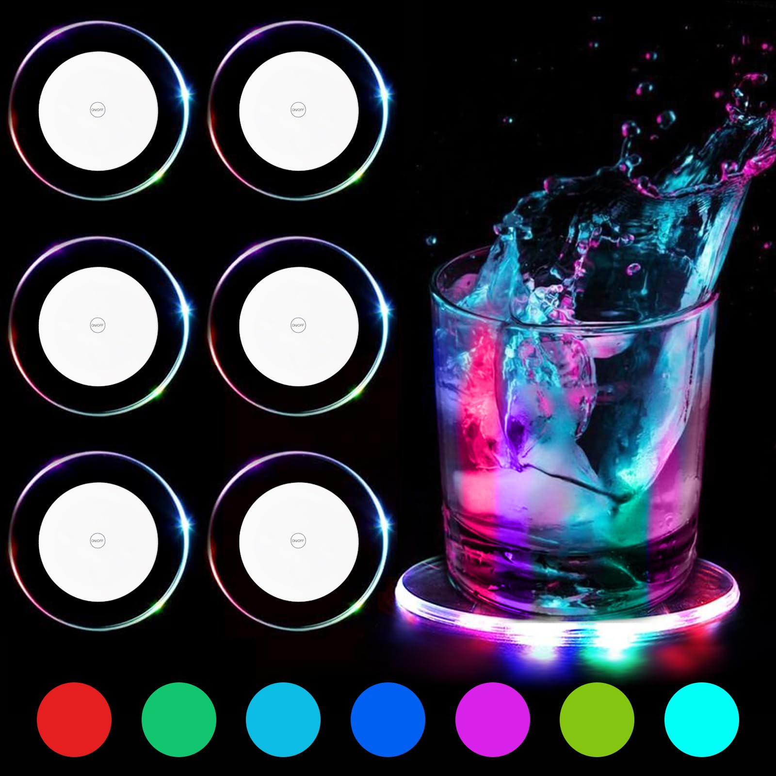 6 Sous-verres LED Lumineux Blancs - Autocollants Pour Bouteilles, Verres, Fêtes Et Bars