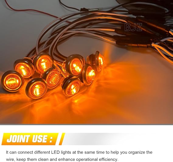 BJZ 50Pcs Amber 3/4'' Trailer LED Marker Side Clearance Tail Round Lights w/Connector Plug + 50Pcs 3/4 Round Stainless Steel Trim Ring Bezels + 50 Counts 2-PIN Female Bullet Plug Wire Harness Roll